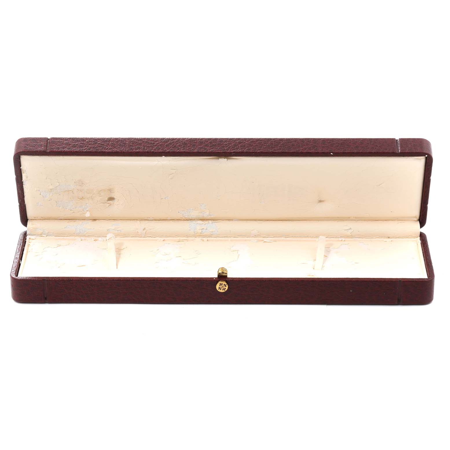 The image shows an empty, open watch box for the Calatrava model by Patek Philippe, viewed from the front.