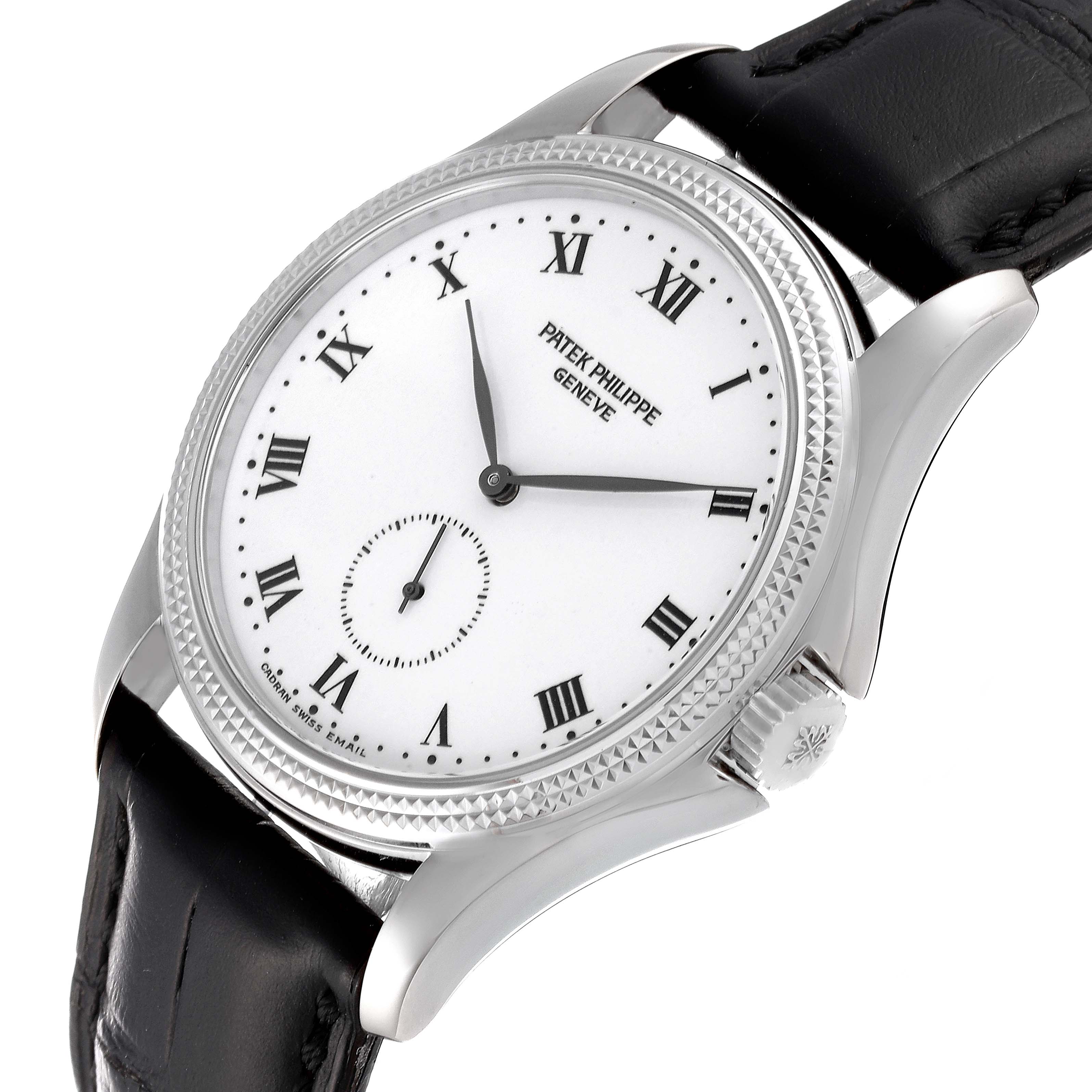 The image shows a Patek Philippe Calatrava 5115G-001 Men's White Gold White Dial 5115G-001 Men's White Gold White Dial watch, focusing on the dial, hands, crown, and part of the leather strap from an oblique angle.