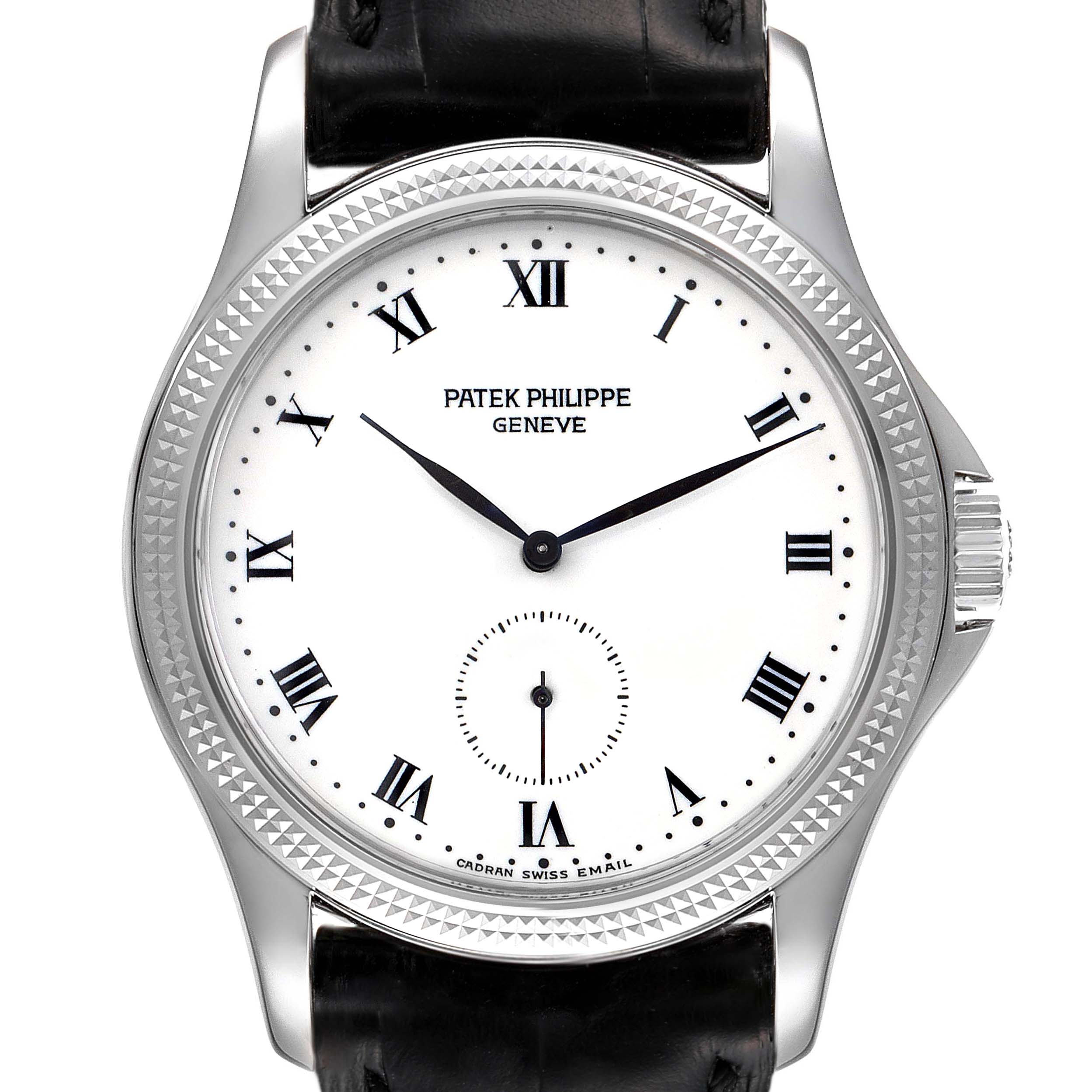 The provided image shows a front view of a Patek Philippe Calatrava 5115G-001 Men's White Gold White Dial 5115G-001 Men's White Gold White Dial watch highlighting its dial, hands, and bezel.