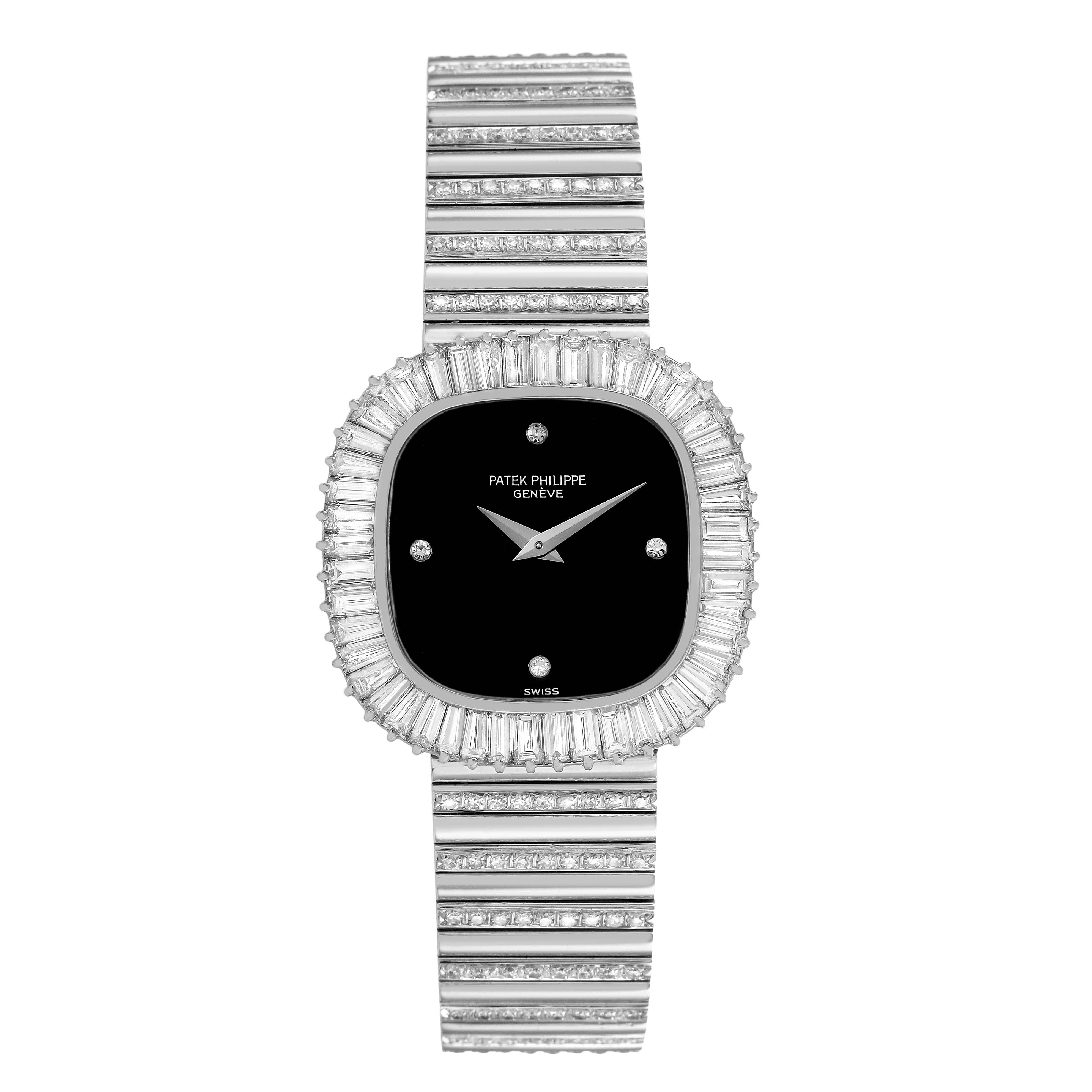 The Patek Philippe Vintage 4432/1 Women's White Gold Black Dial watch is shown from a top-down angle, highlighting its face, bezel, and bracelet.