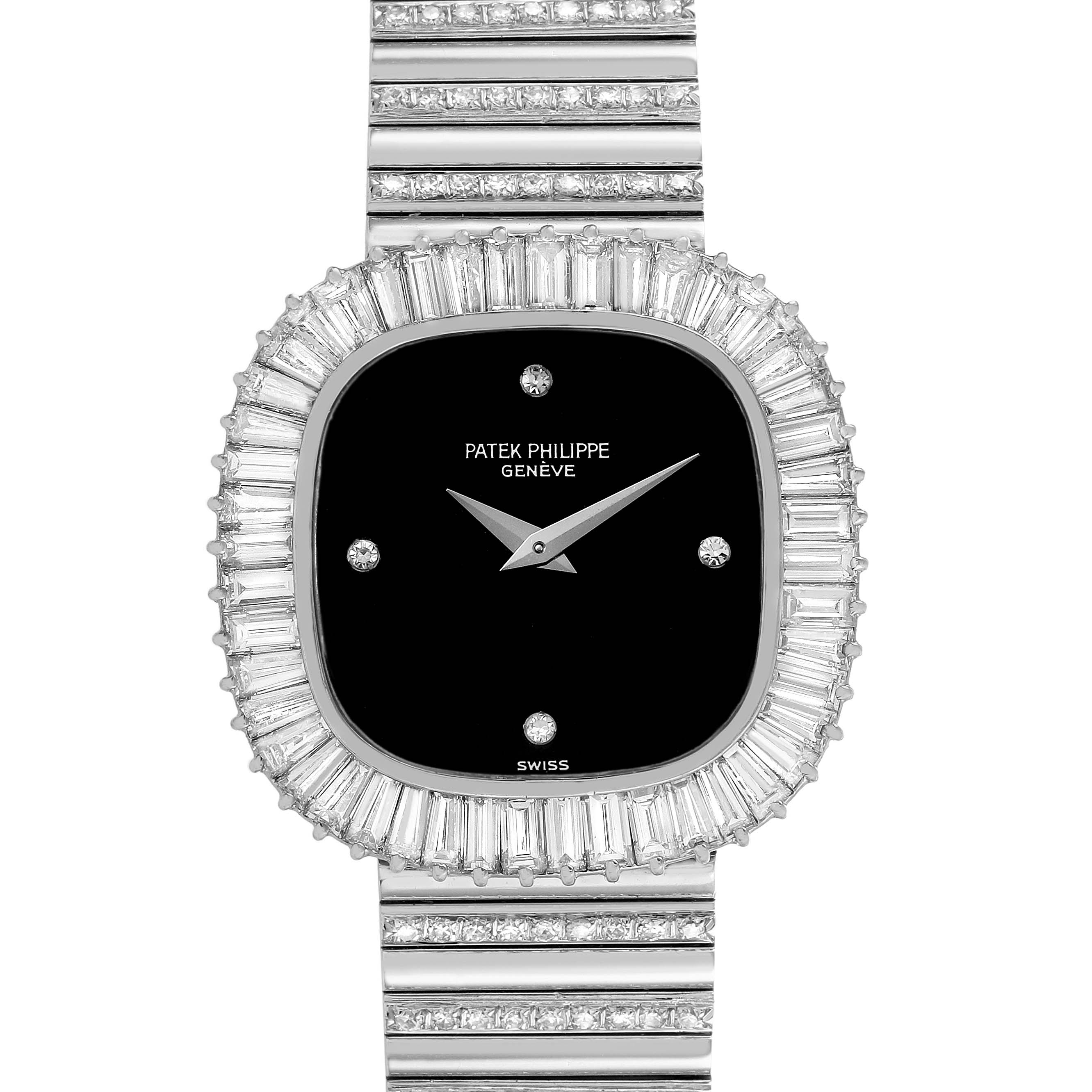 The Patek Philippe Vintage 4432/1 Women's White Gold Black Dial watch is shown from a front angle, highlighting its rectangular diamond-studded case and bracelet.