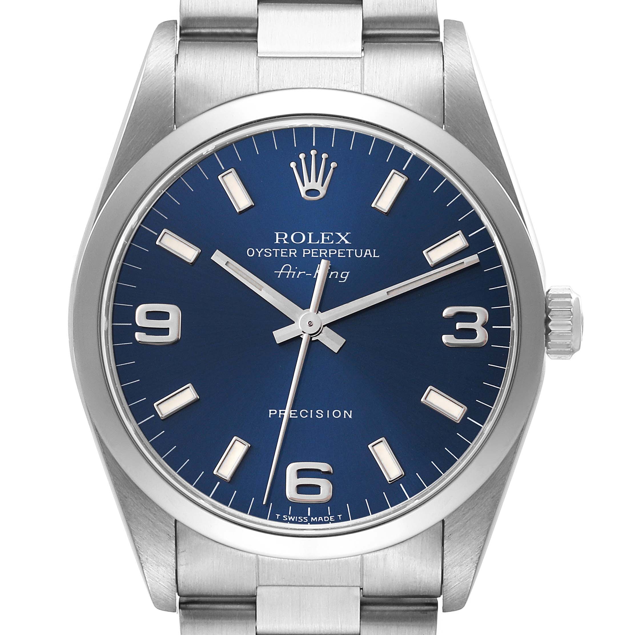 This image shows a front view of a Rolex Air-King 14000 Men's Stainless Steel Blue Dial 14000 Men's Stainless Steel Blue Dial watch, featuring the dial, hands, crown, and part of the bracelet.