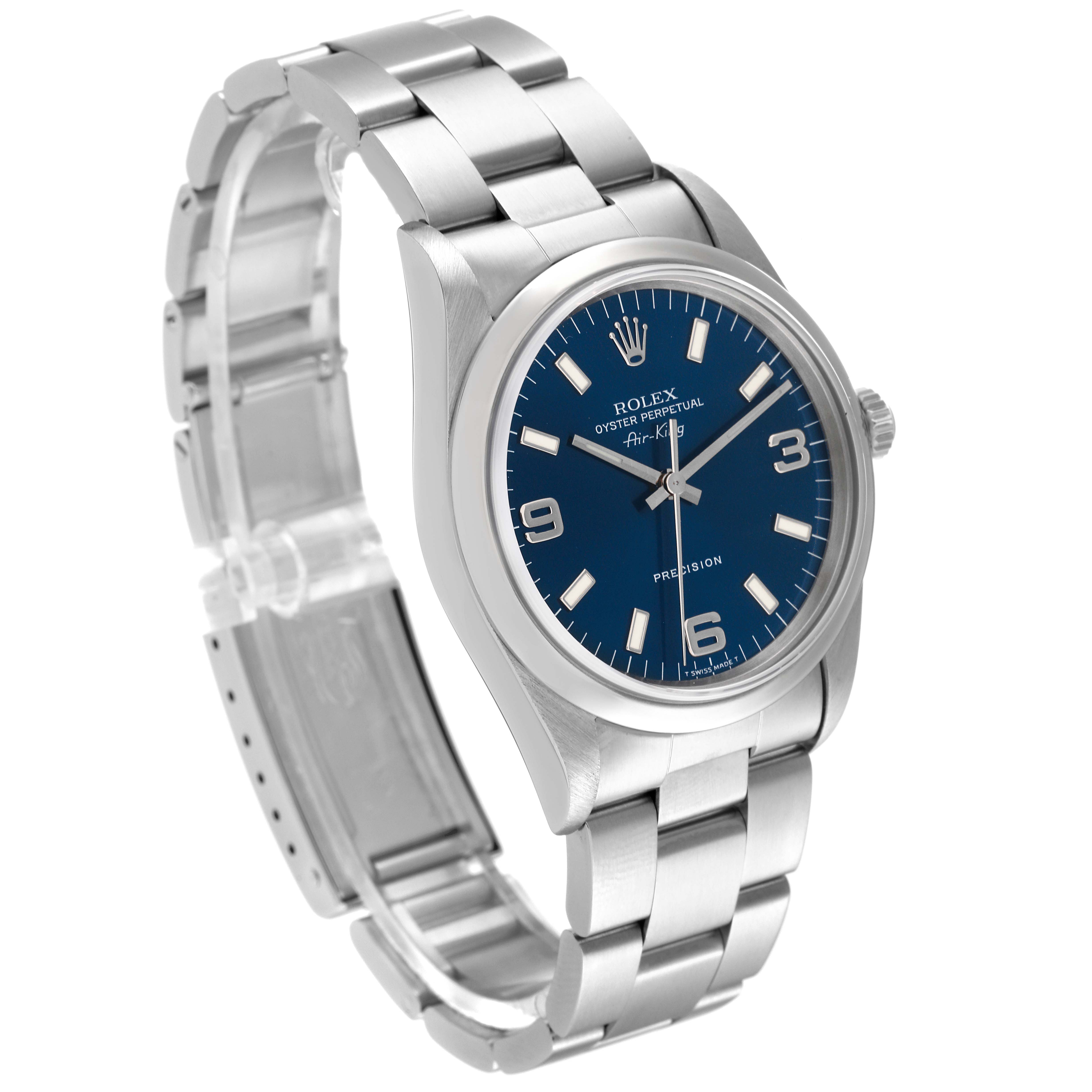 The Rolex Air-King 14000 Men's Stainless Steel Blue Dial 14000 Men's Stainless Steel Blue Dial watch is shown from a front-left angle, highlighting the face, bezel, crown, and metallic bracelet.