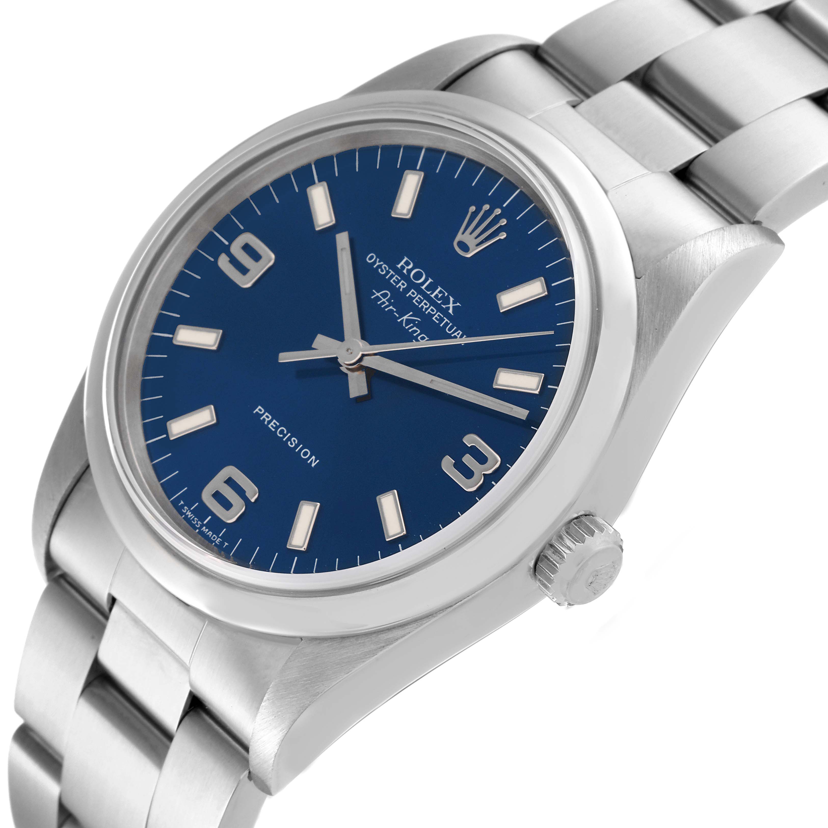 This image shows a Rolex Air-King 14000 Men's Stainless Steel Blue Dial 14000 Men's Stainless Steel Blue Dial watch at an angled close-up, highlighting the dial, crown, and part of the bracelet.