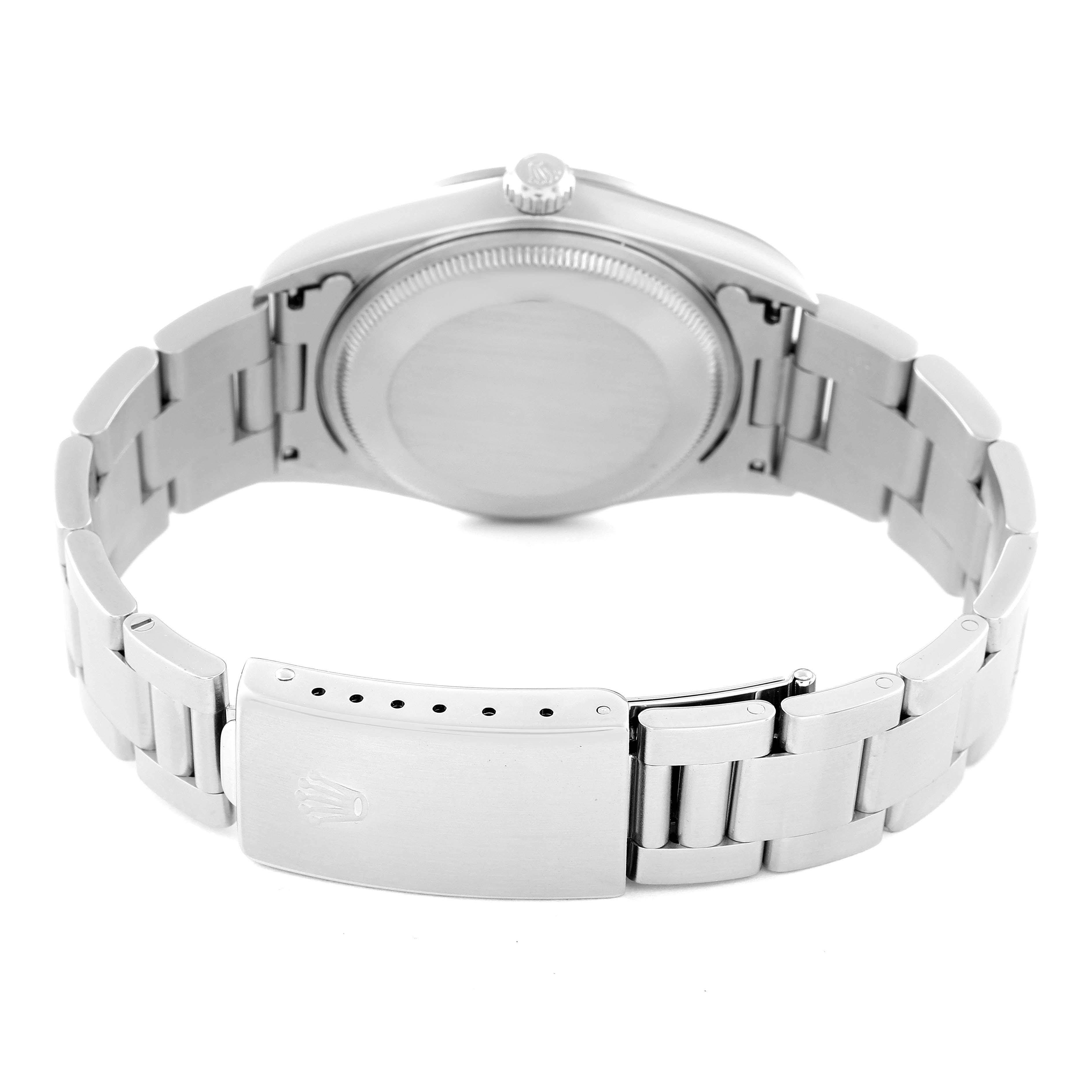 The image shows the underside of the Rolex Air-King 14000 Men's Stainless Steel Blue Dial 14000 Men's Stainless Steel Blue Dial watch, highlighting the clasp, bracelet, case back, and crown.