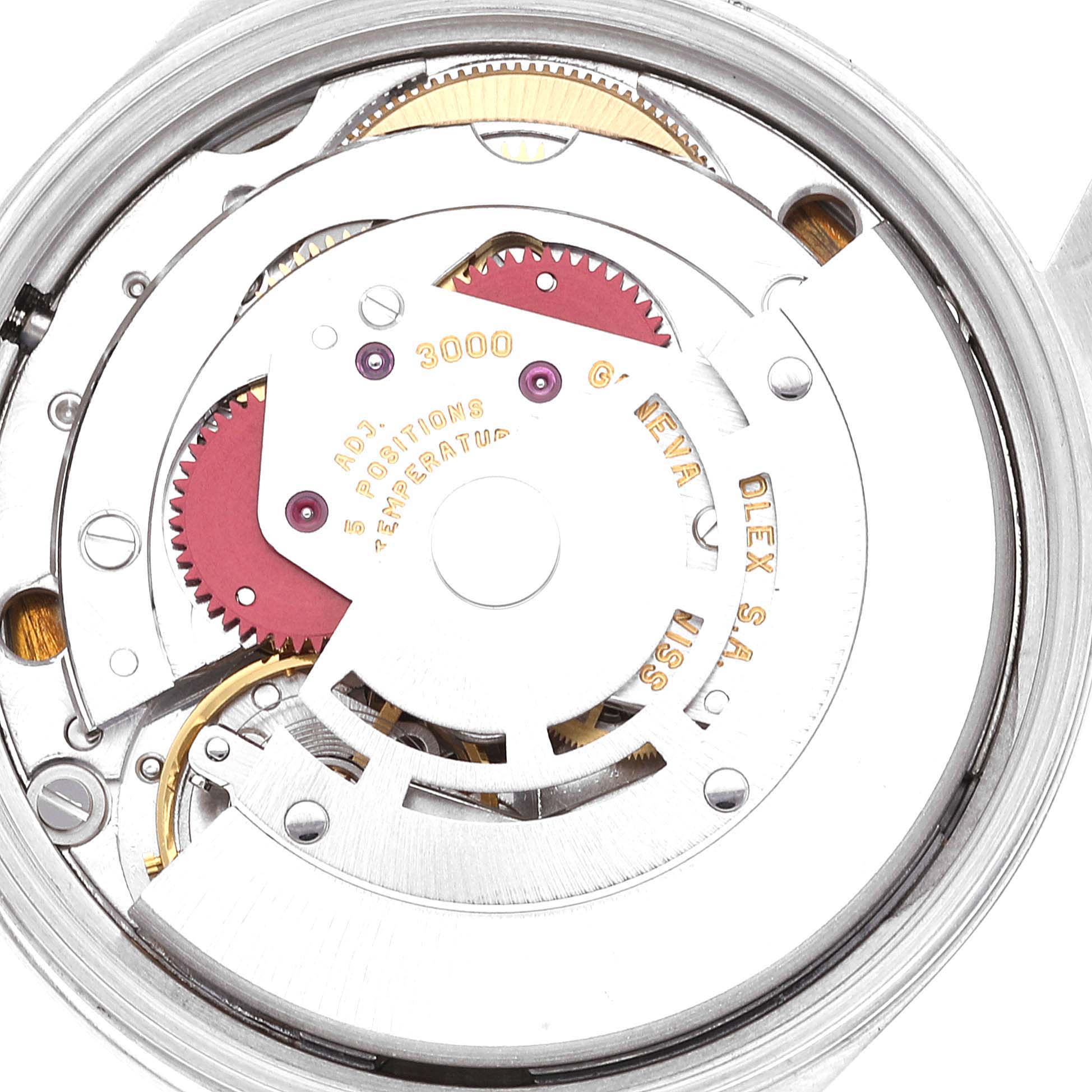 This image shows the internal mechanical movement of a Rolex Air-King 14000 Men's Stainless Steel Blue Dial 14000 Men's Stainless Steel Blue Dial watch, highlighting gears and components from the back.