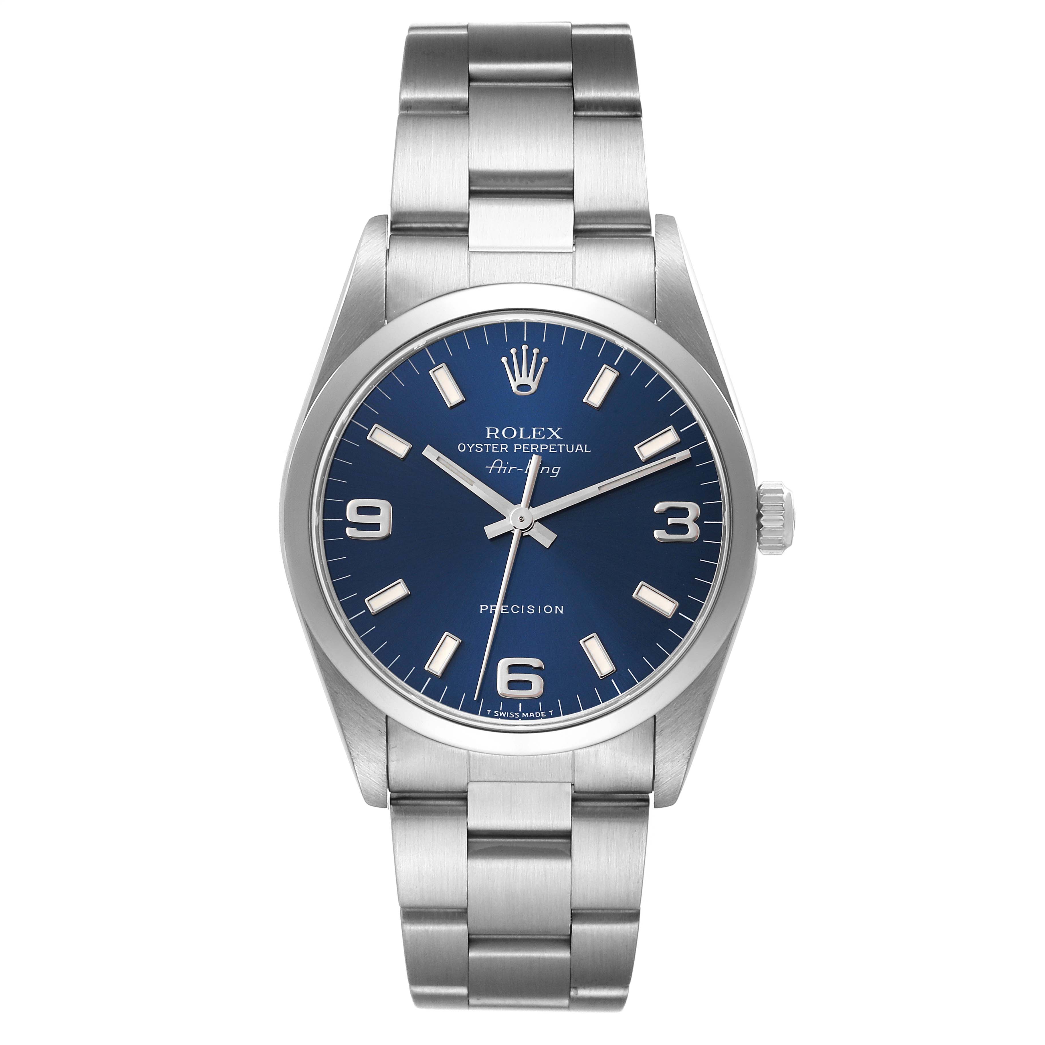 The image shows a front view of the Rolex Air-King 14000 Men's Stainless Steel Blue Dial 14000 Men's Stainless Steel Blue Dial watch, displaying the dial, hands, case, and bracelet.