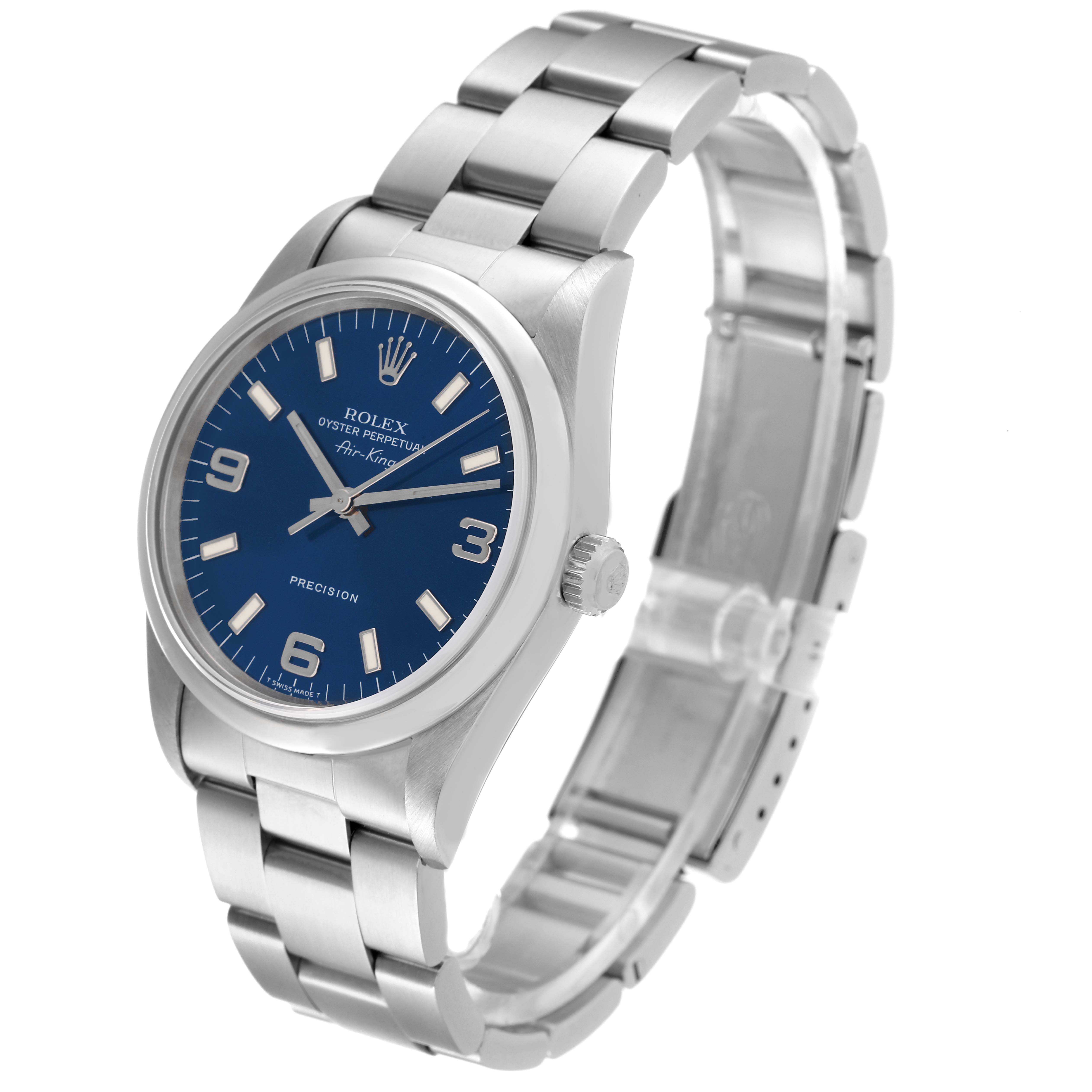 The image shows a side-angle view of a Rolex Air-King 14000 Men's Stainless Steel Blue Dial 14000 Men's Stainless Steel Blue Dial watch, displaying its face, crown, and part of the bracelet.