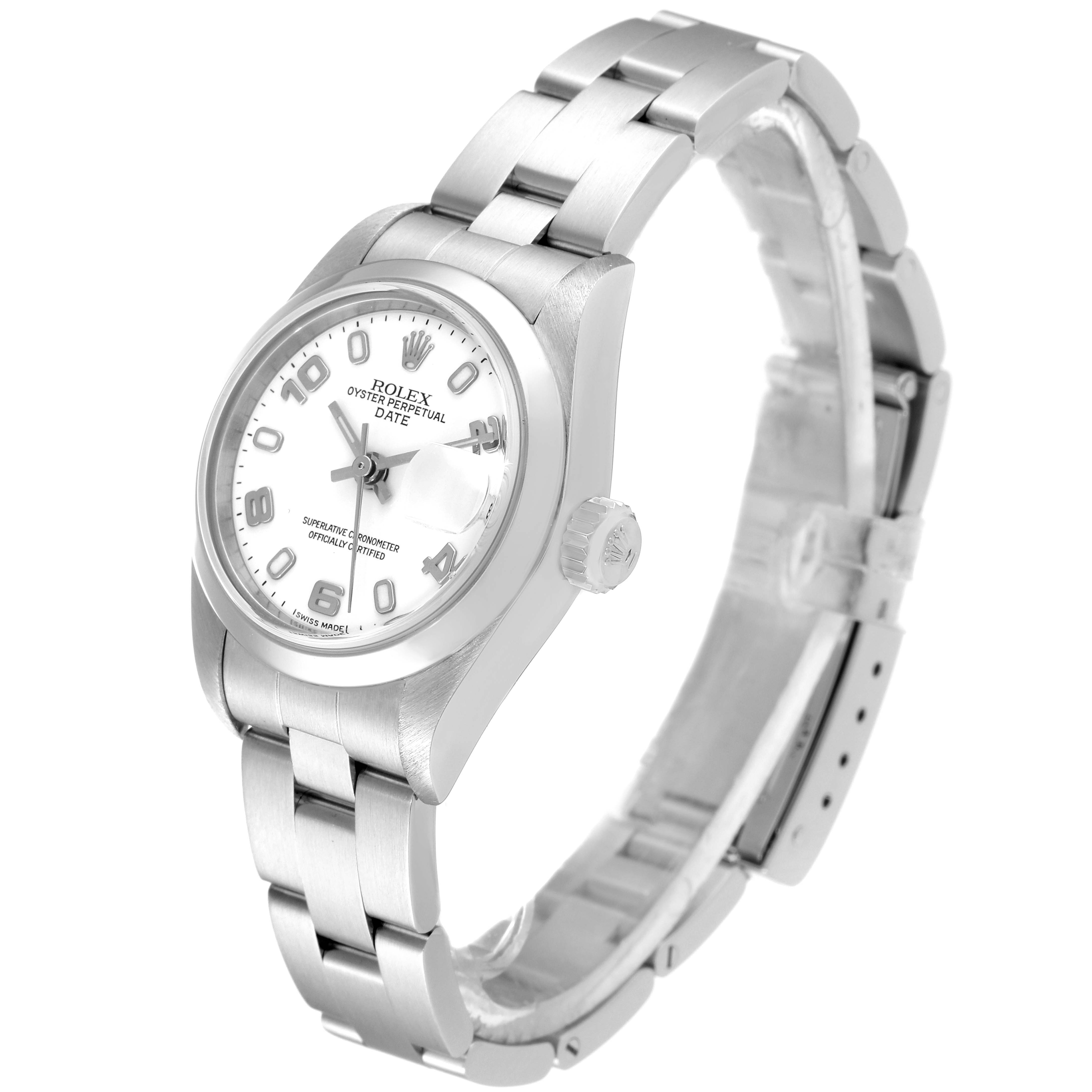 This image shows a Rolex Date 79160 Women's Stainless Steel White Dial 79160 Women's Stainless Steel White Dial model watch at a three-quarter angle, displaying its face, bezel, crown, and metal bracelet.