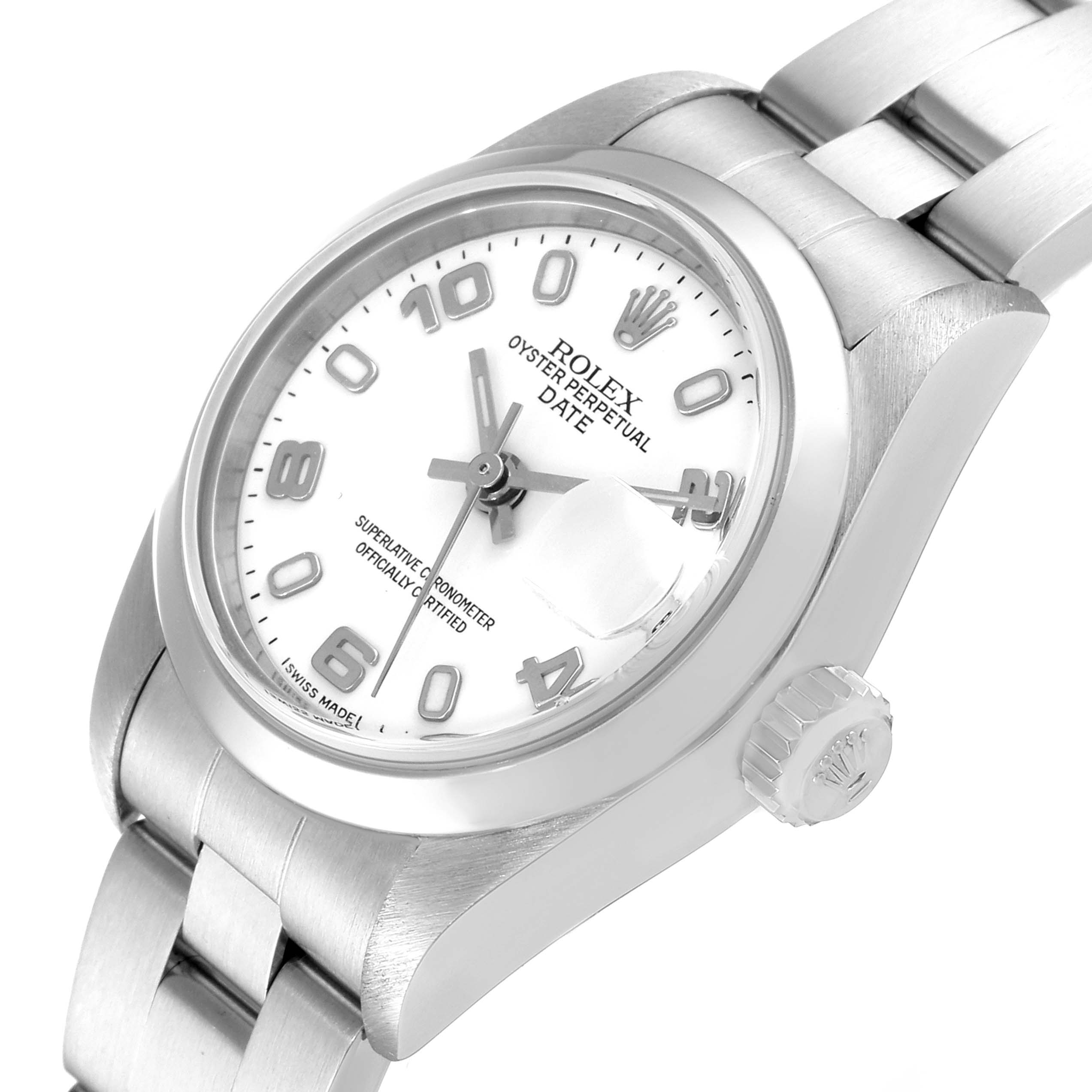 The image shows a close-up angle of the Rolex Oyster Perpetual Date, highlighting the watch face, bezel, crown, and part of the bracelet.