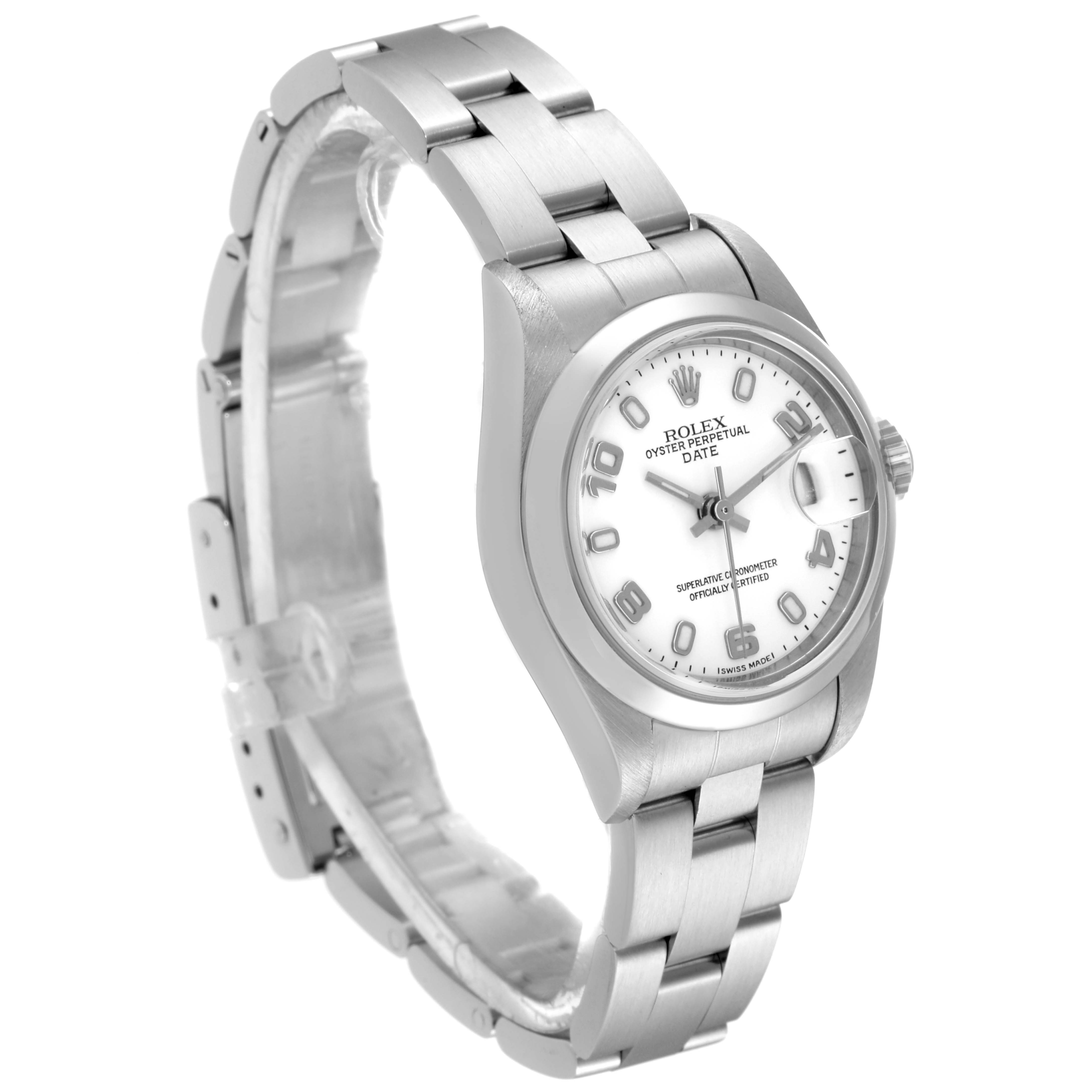 The image shows a Rolex Date 79160 Women's Stainless Steel White Dial 79160 Women's Stainless Steel White Dial model watch at a slight side angle, featuring its face, bezel, and part of the bracelet.