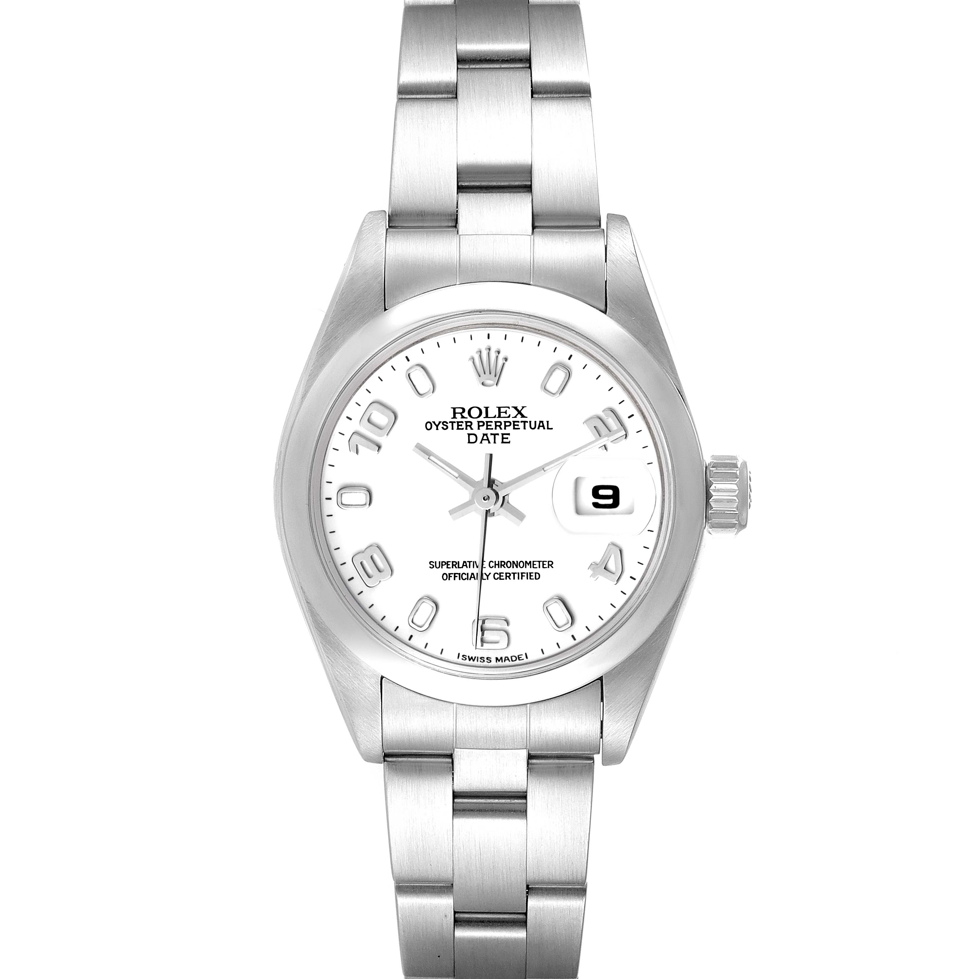 This image shows a front view of the Rolex Date 79160 Women's Stainless Steel White Dial 79160 Women's Stainless Steel White Dial model watch, displaying its face, bezel, and bracelet.