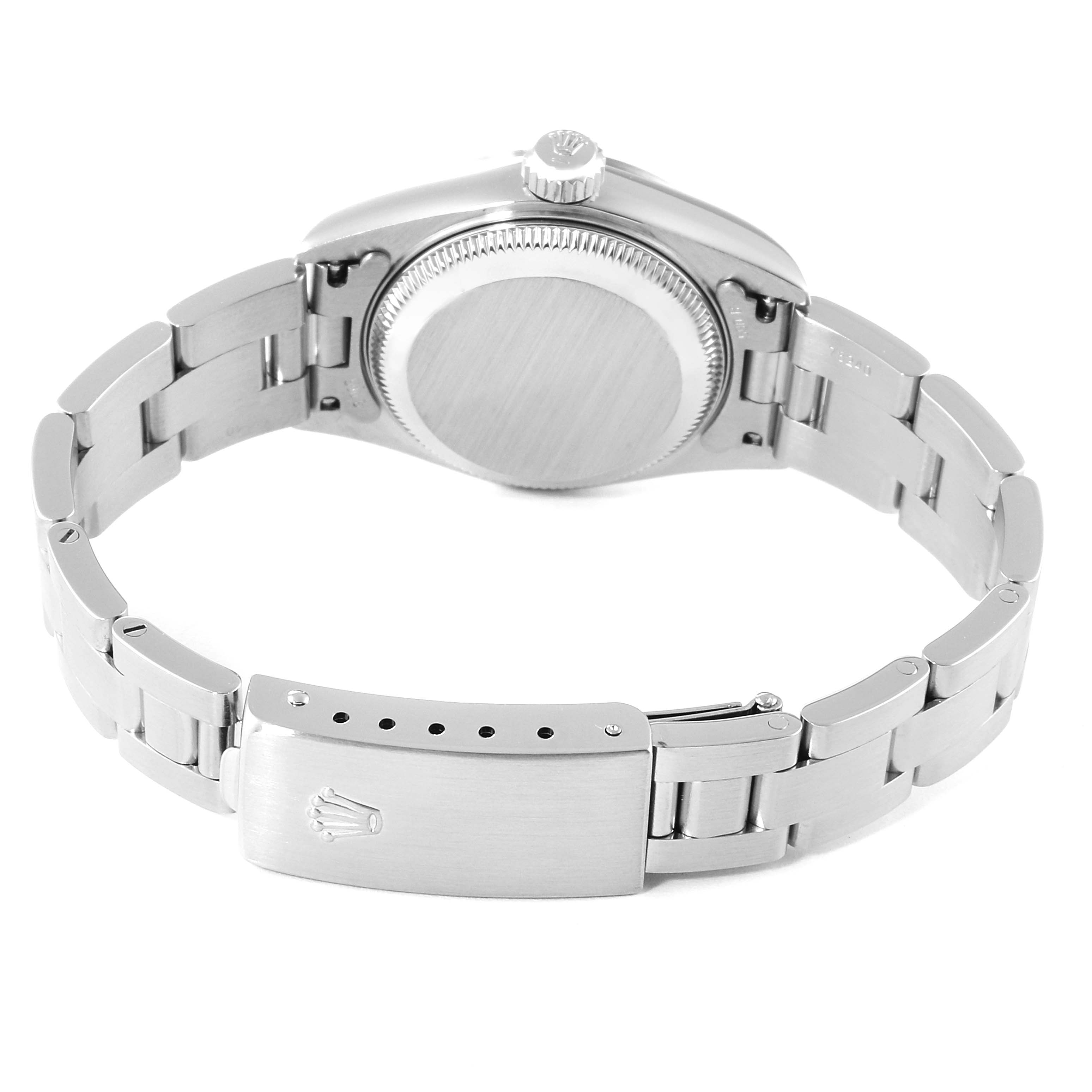 The image shows the back view of a Rolex Date 79160 Women's Stainless Steel White Dial 79160 Women's Stainless Steel White Dial model watch, highlighting the clasp, bracelet, and case back.