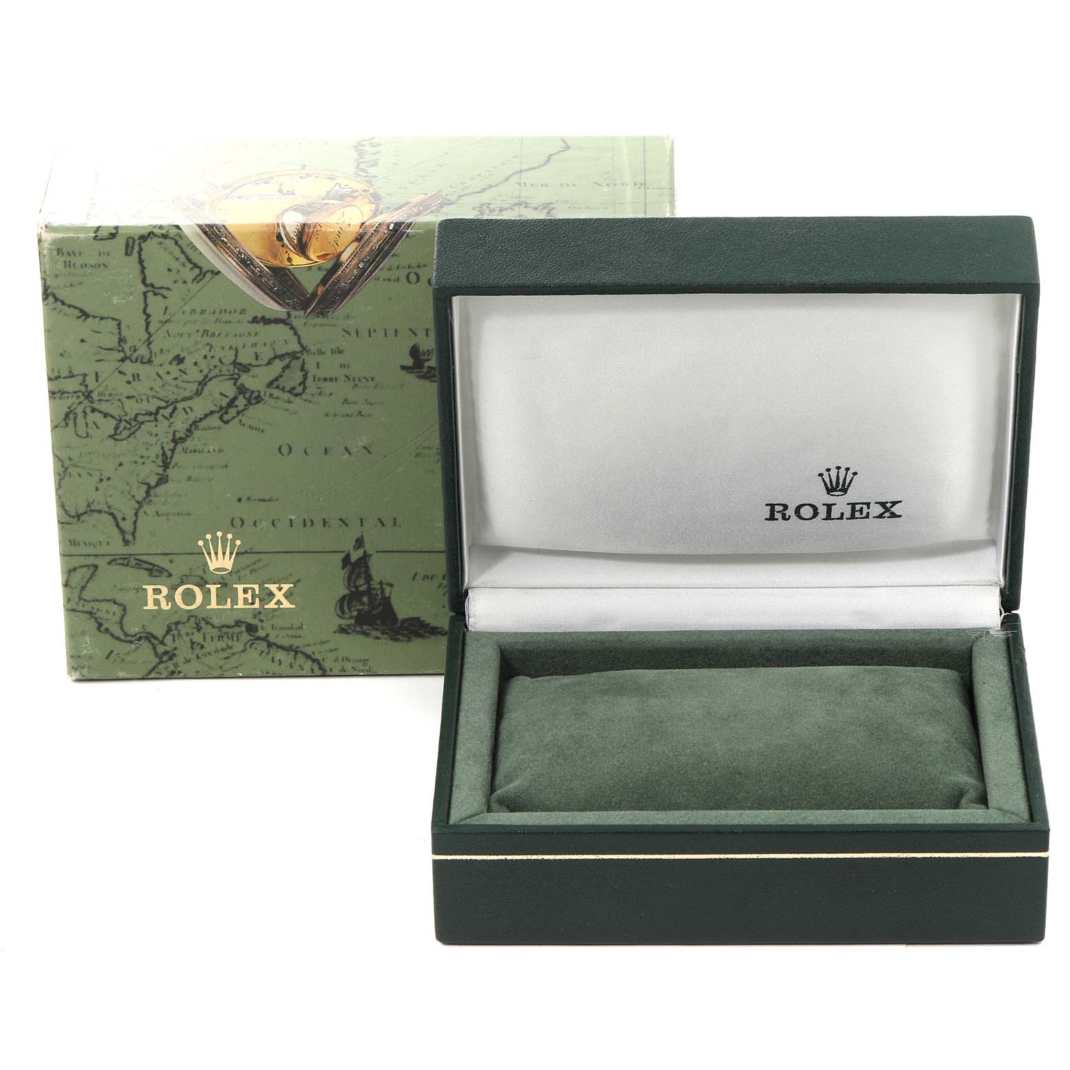 The image shows an empty open green Rolex watch box for the Date model, with an accompanying outer cardboard box.