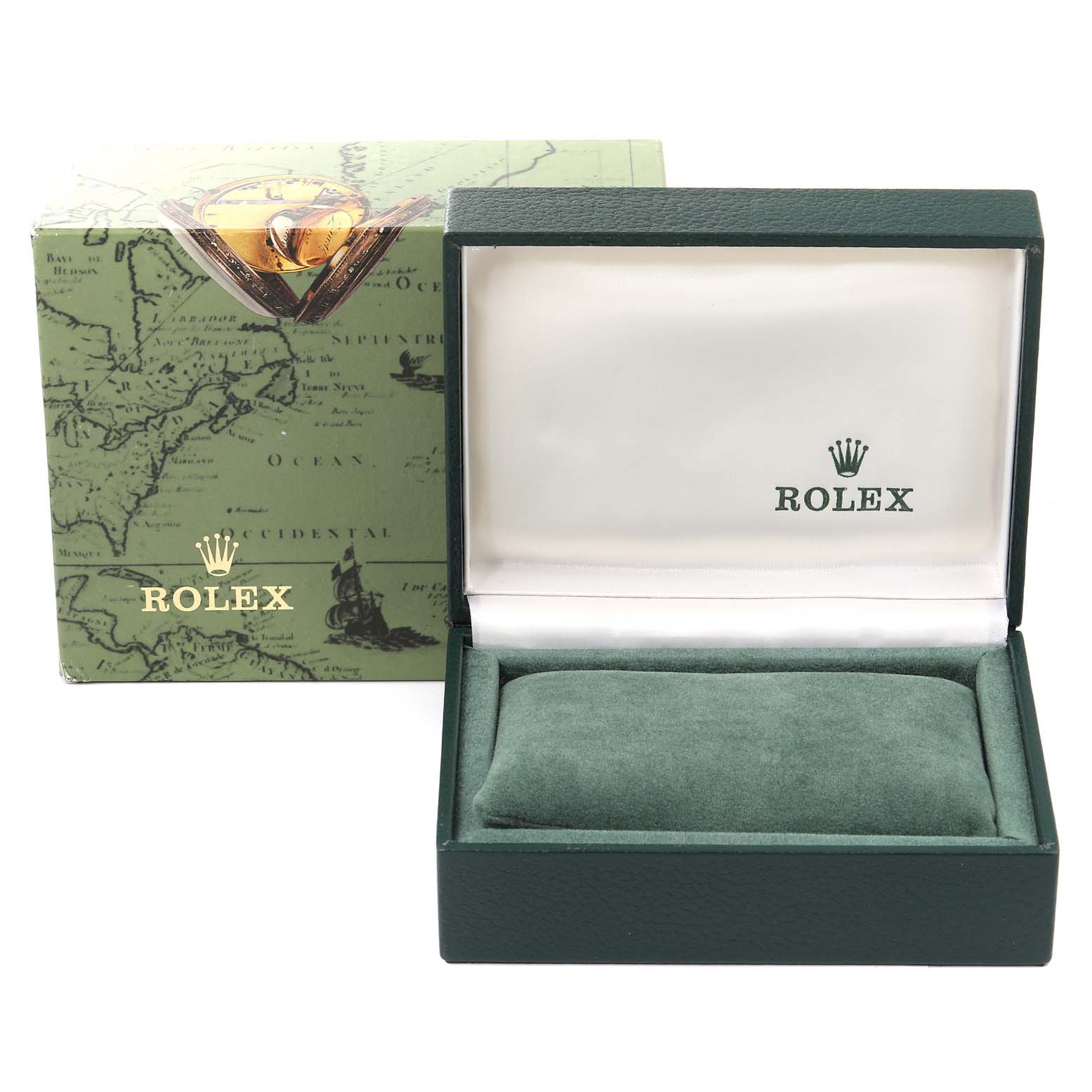 The image shows an open green Rolex watch box, displaying the interior cushion and the brand logo inside the lid.