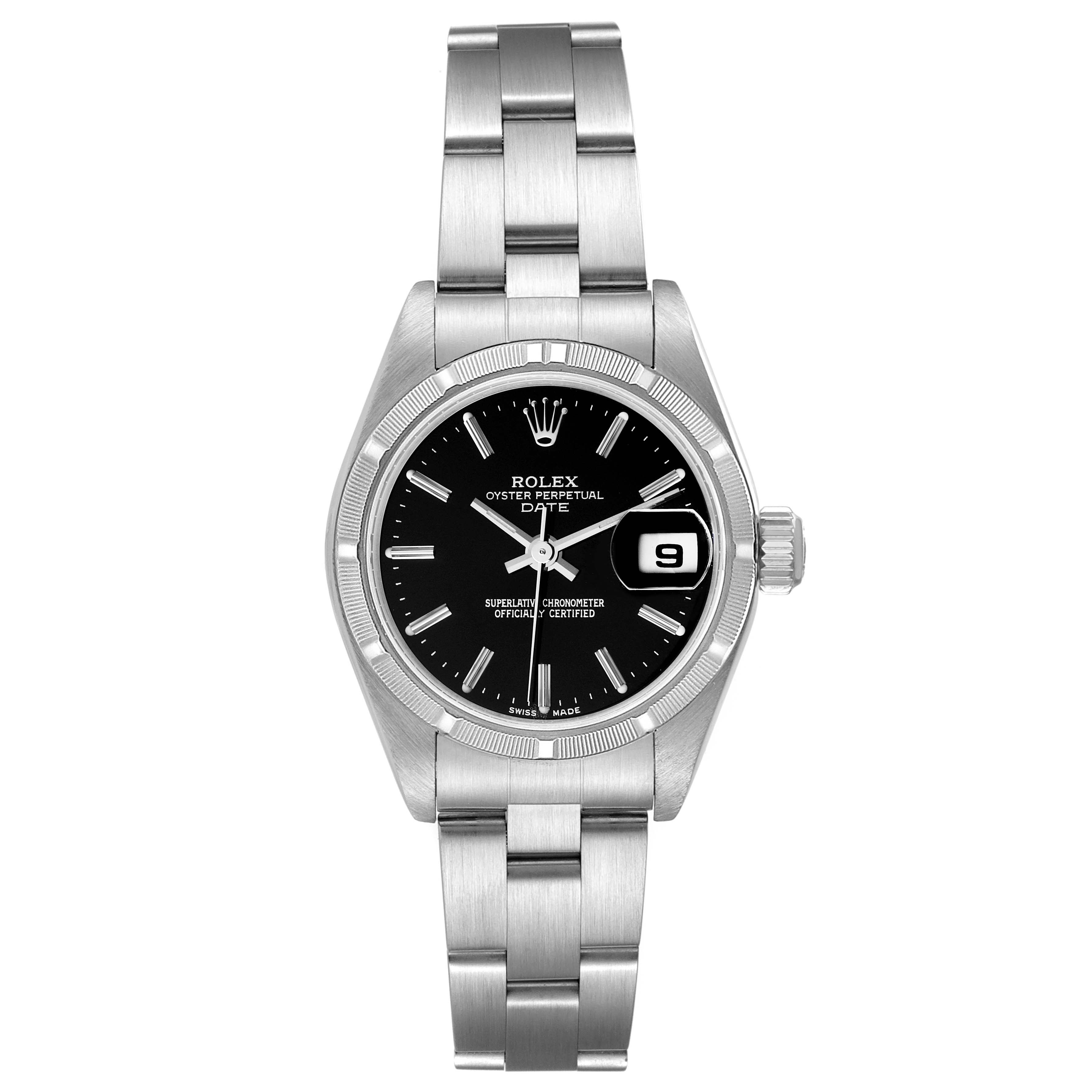 The image shows a front view of a Rolex Date 79190 Women
s Stainless Steel Black Dial 79190 Women
s Stainless Steel Black Dial model watch featuring its black dial, date display, and stainless steel bracelet.