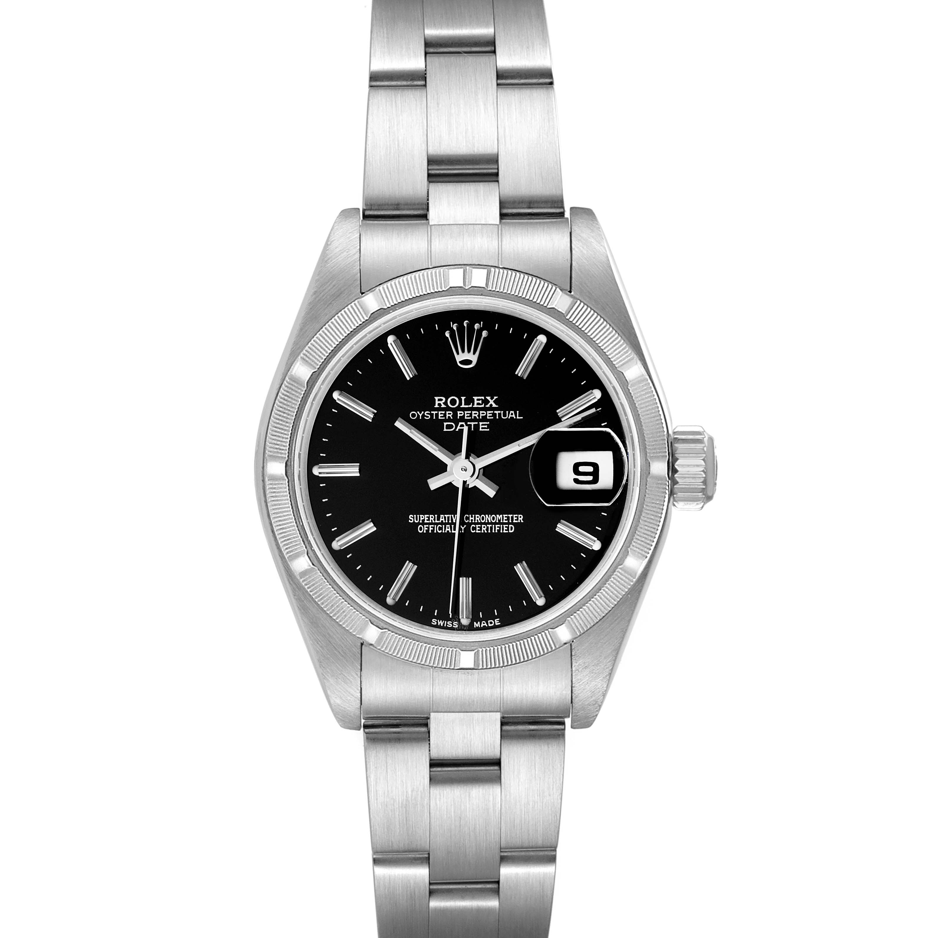 This image shows a front view of the Rolex Date 79190 Women
s Stainless Steel Black Dial 79190 Women
s Stainless Steel Black Dial model watch, featuring the dial, hands, date window, bezel, and bracelet.