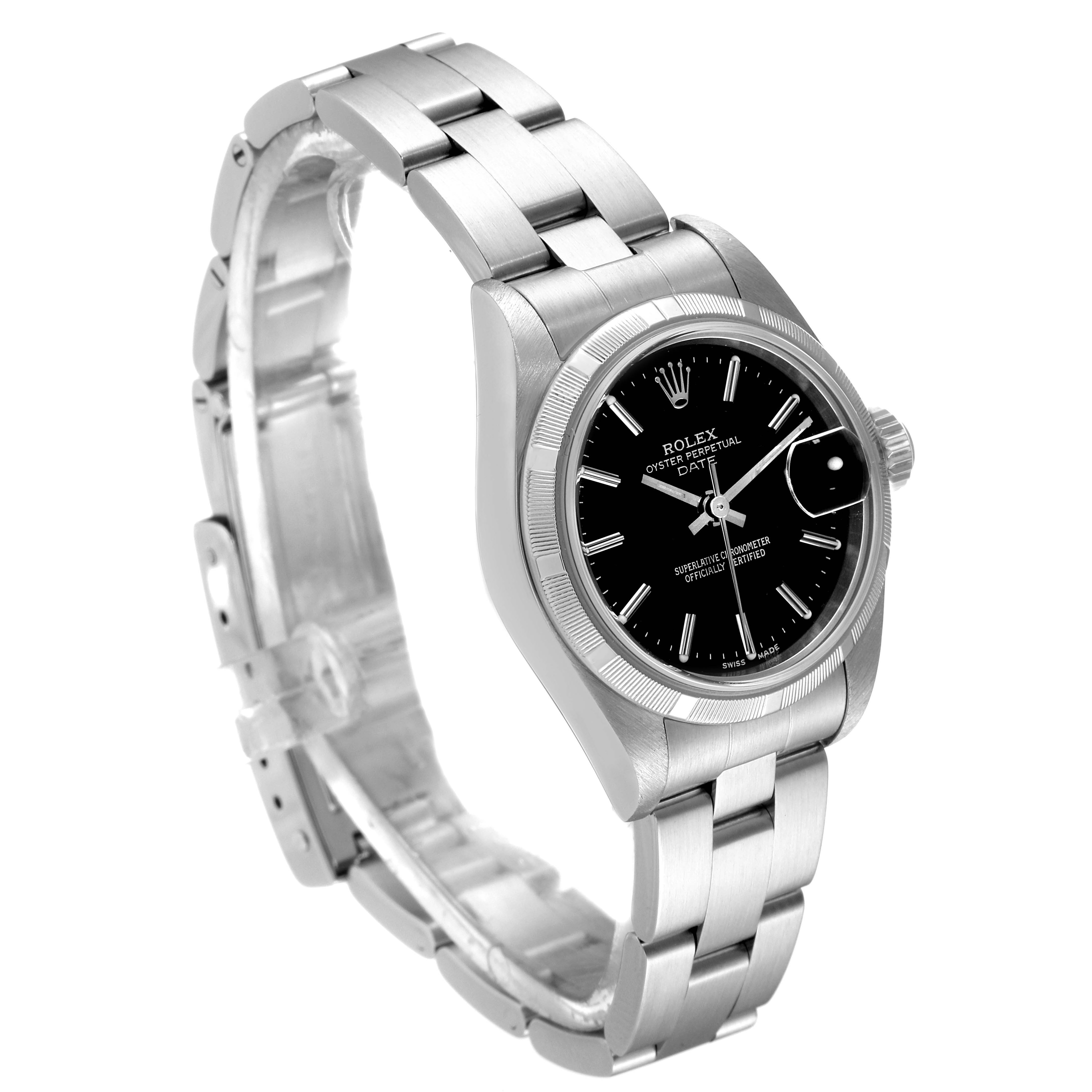This image shows a Rolex Date 79190 Women
s Stainless Steel Black Dial 79190 Women
s Stainless Steel Black Dial model watch angled to display the face, bezel, and bracelet.
