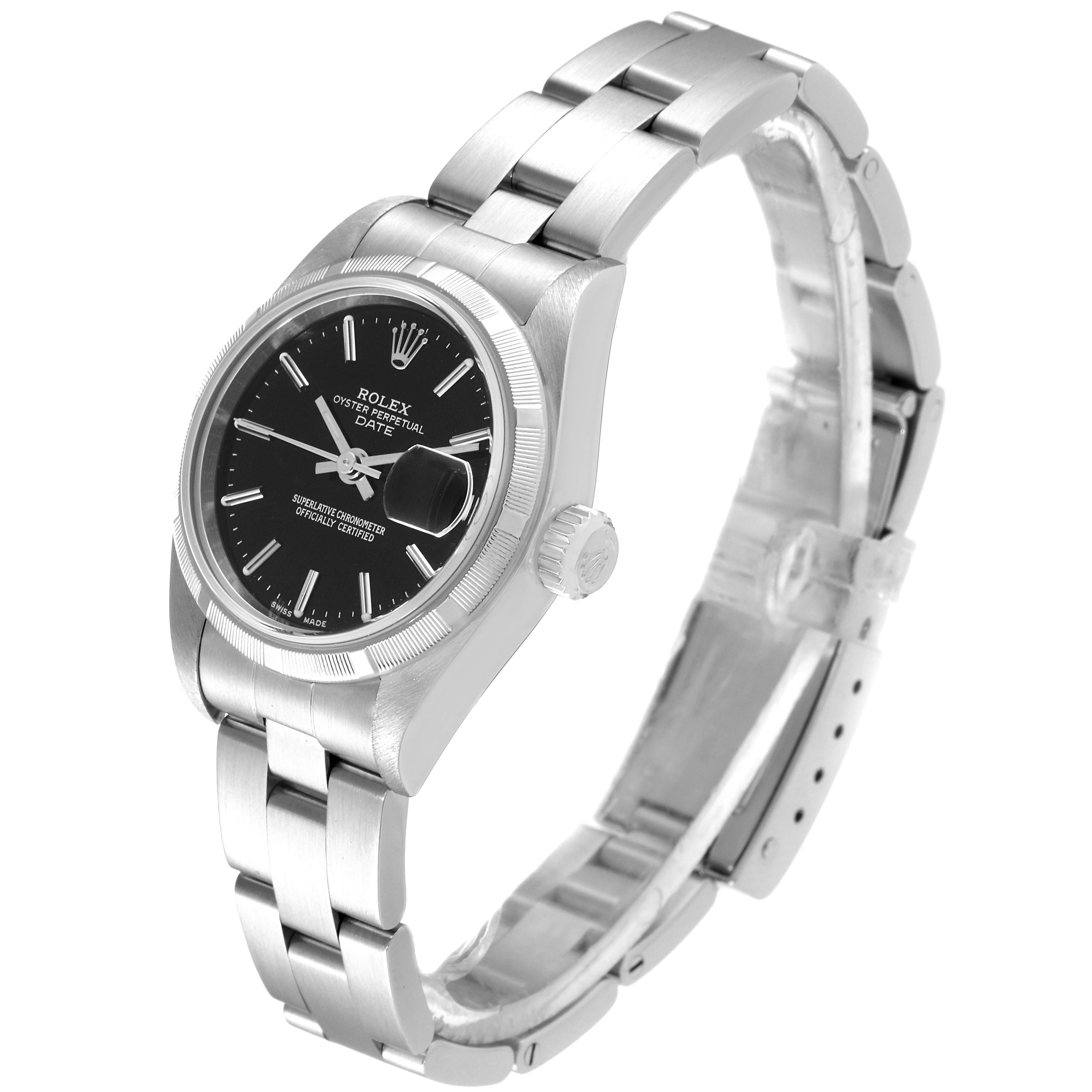 The image shows a Rolex Date 79190 Women
s Stainless Steel Black Dial 79190 Women
s Stainless Steel Black Dial model watch at a three-quarter angle highlighting the dial, bezel, case, and part of the bracelet.