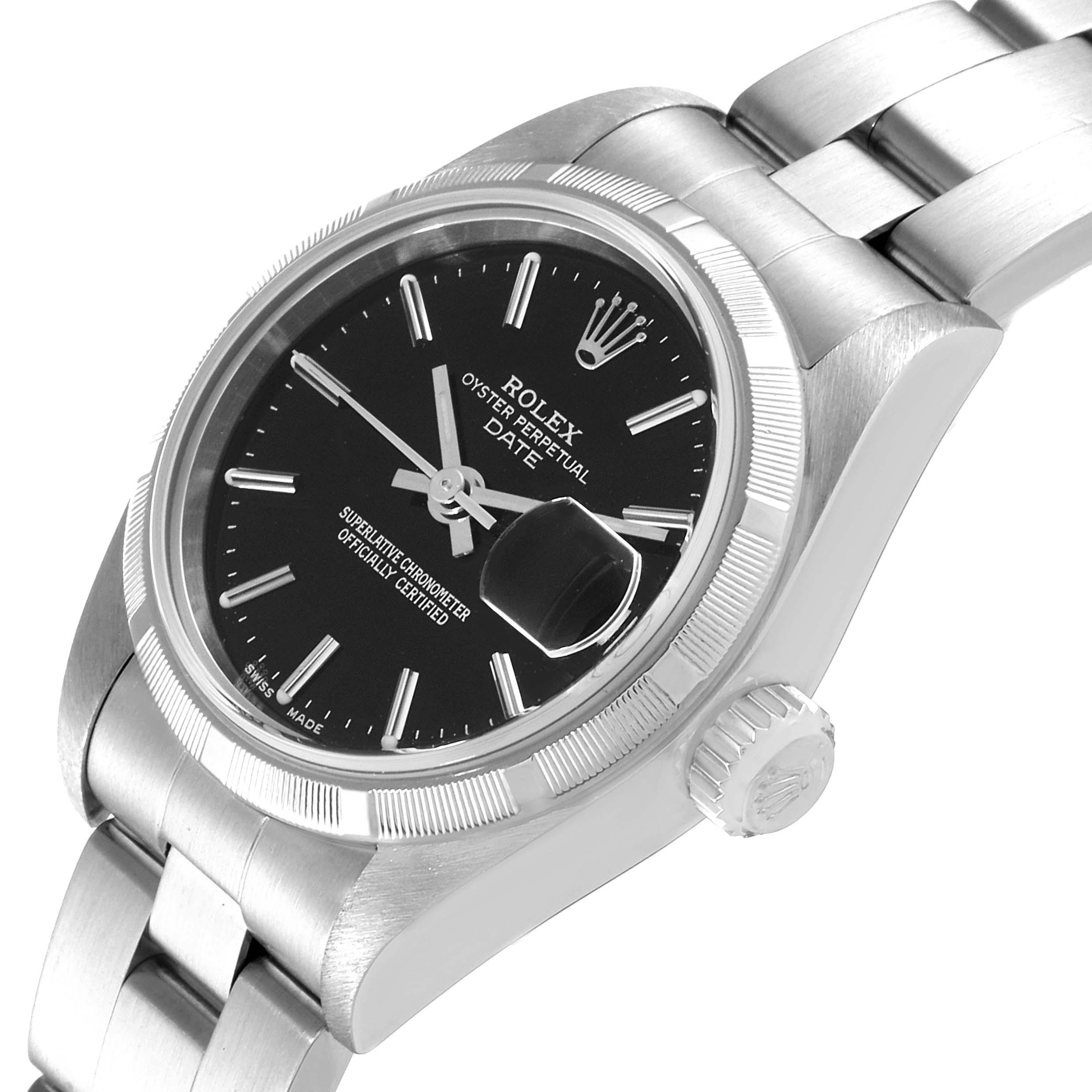 This image shows a Rolex Date 79190 Women
s Stainless Steel Black Dial 79190 Women
s Stainless Steel Black Dial model watch from an angled view, highlighting the face, bezel, crown, and a portion of the bracelet.