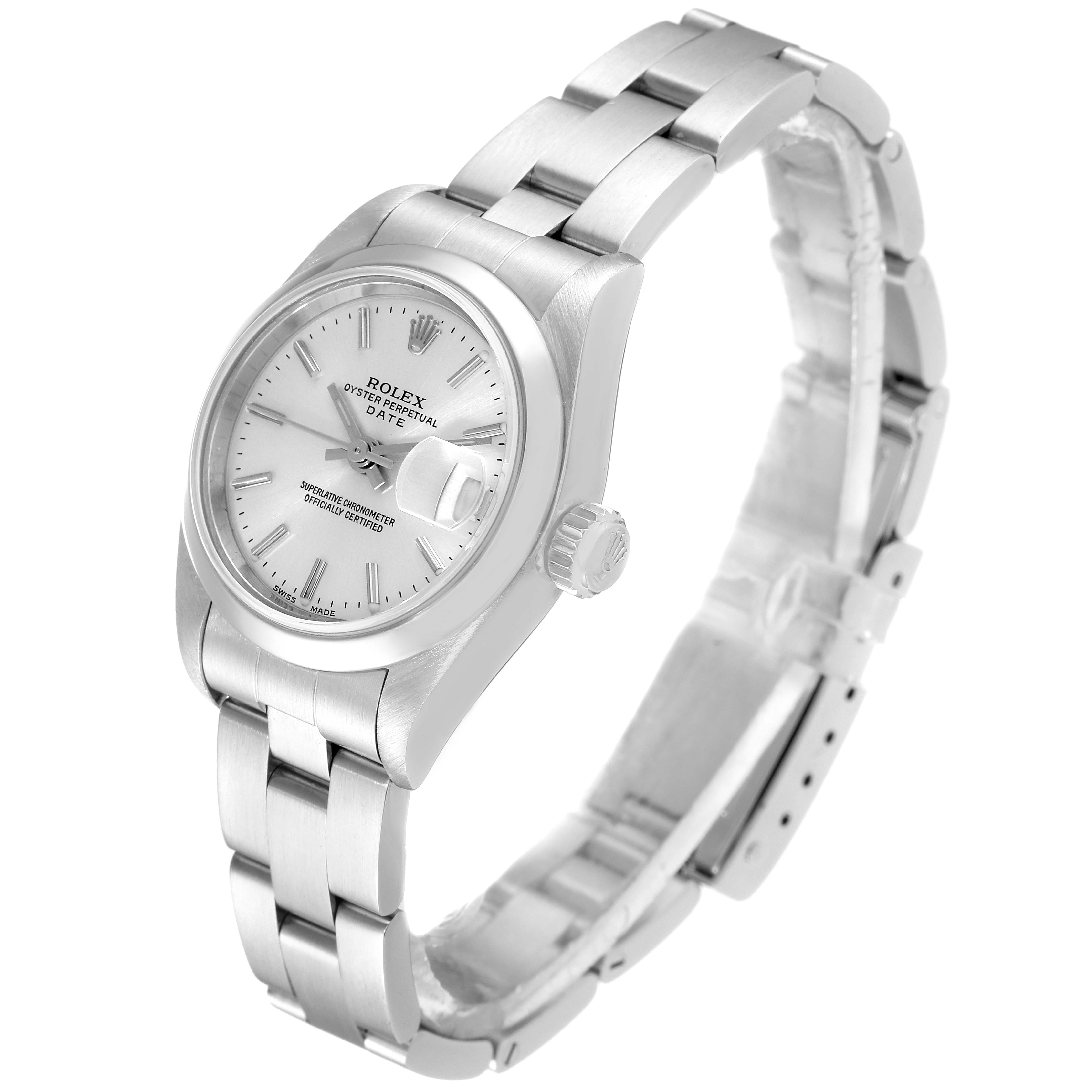 The image shows a Rolex Date 79160 Women
s Stainless Steel Silver Dial 79160 Women
s Stainless Steel Silver Dial watch at a three-quarter angle, highlighting its face, crown, and stainless steel bracelet.