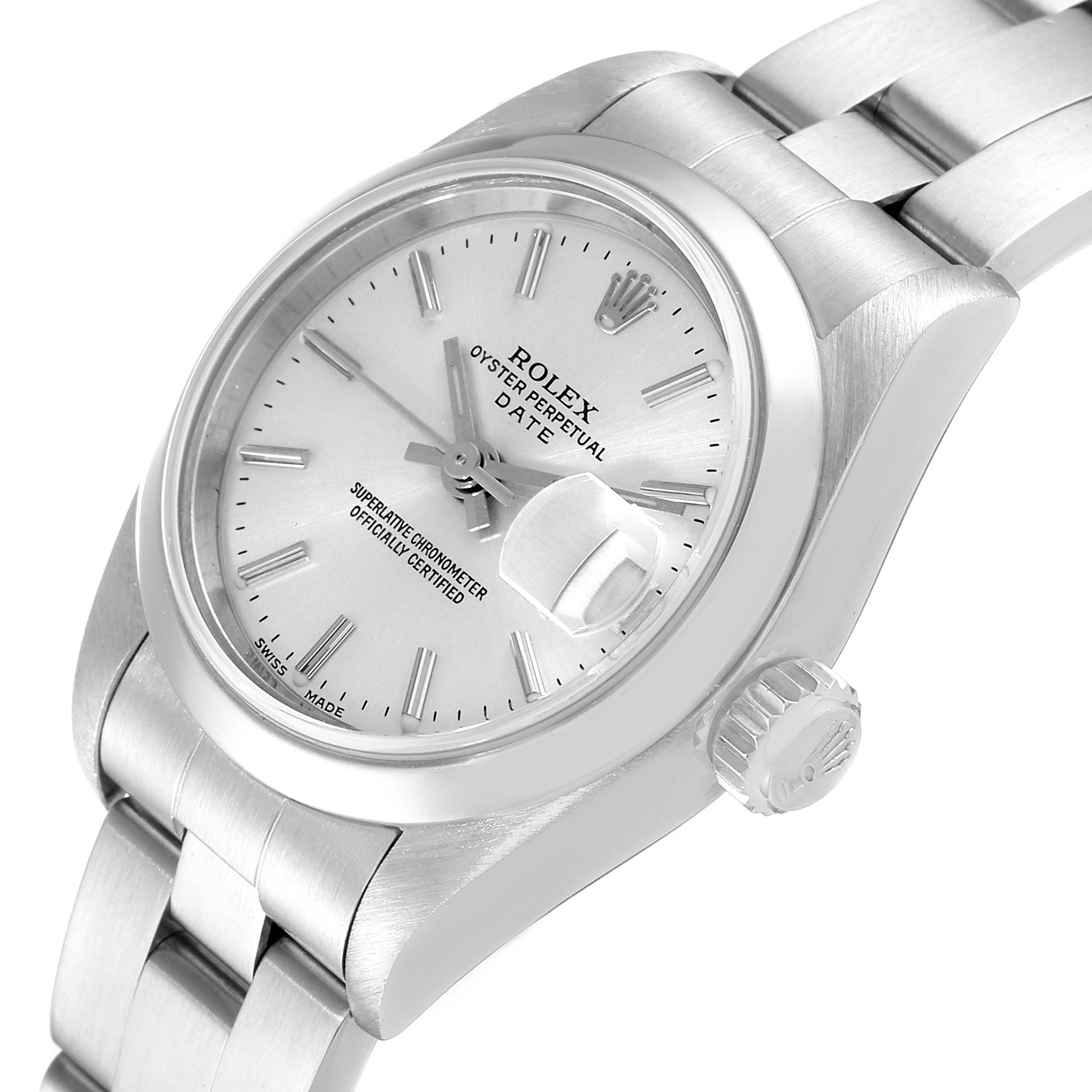 The image shows a side view of the Rolex Oyster Perpetual Date, highlighting the dial, crown, and bracelet.