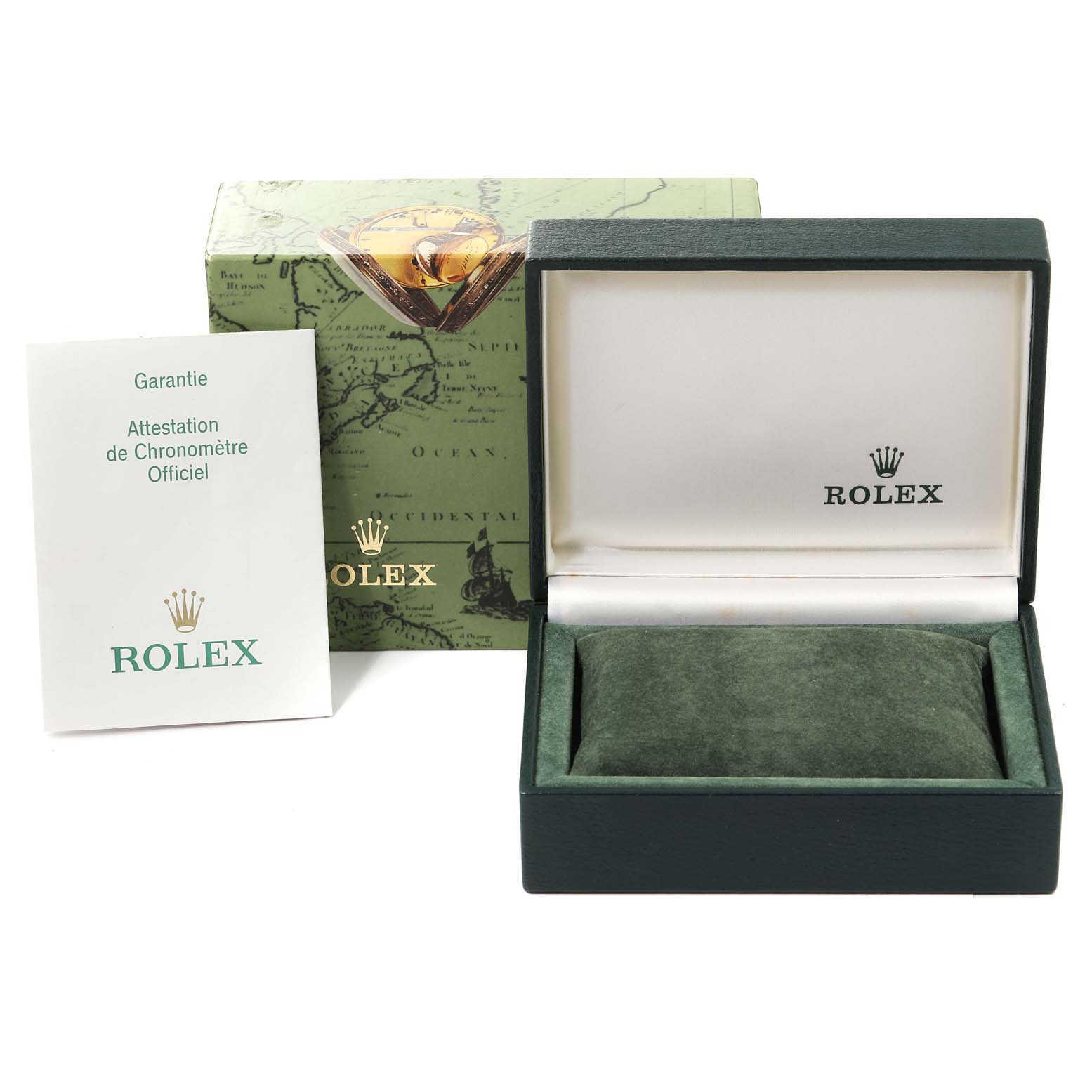 The image shows a Rolex Date 79160 Women
s Stainless Steel Silver Dial 79160 Women
s Stainless Steel Silver Dial model box, warranty card, and outer packaging from a front angle.