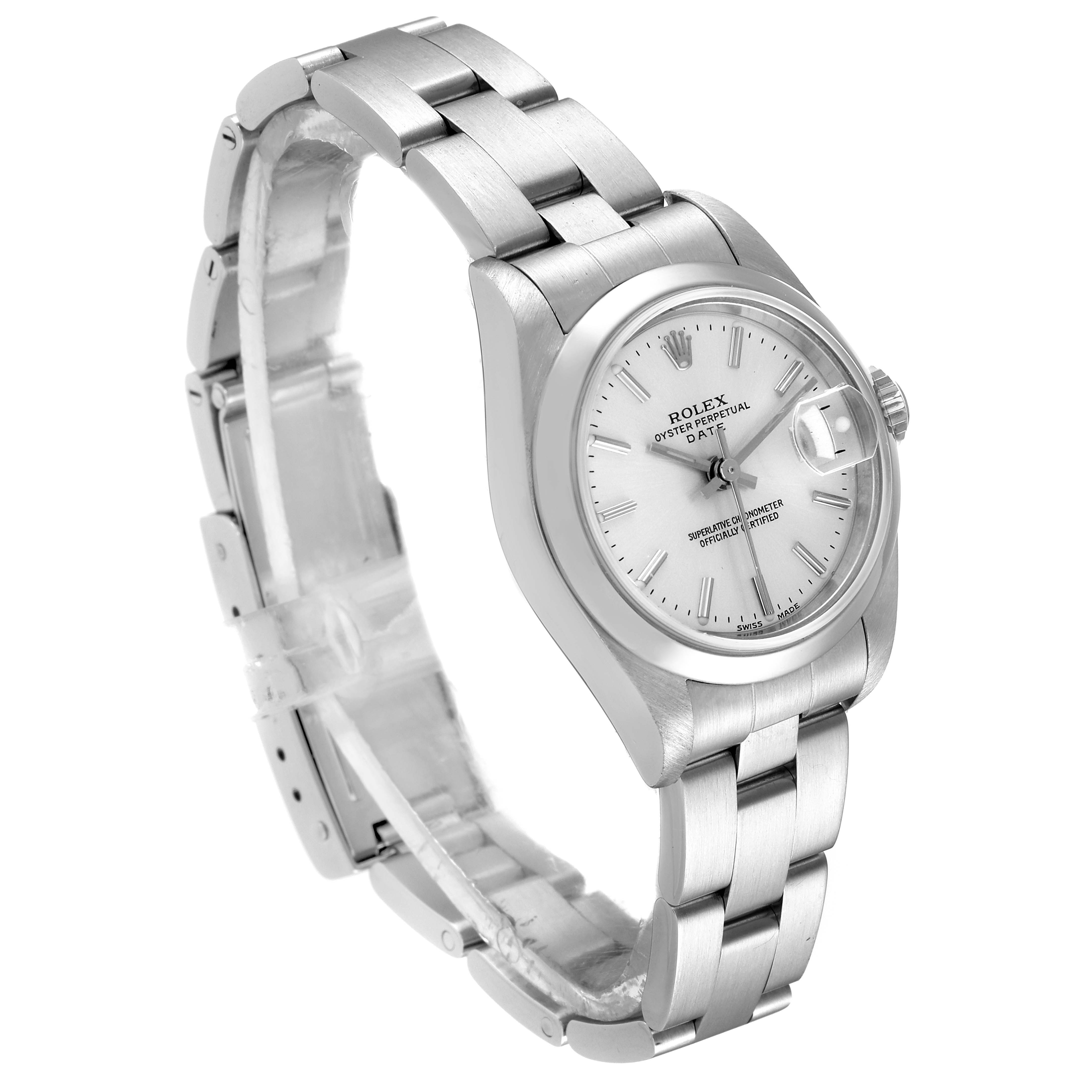 The image shows a side angle of a Rolex Date 79160 Women
s Stainless Steel Silver Dial 79160 Women
s Stainless Steel Silver Dial model, highlighting the watch face, case, bracelet, and clasp.