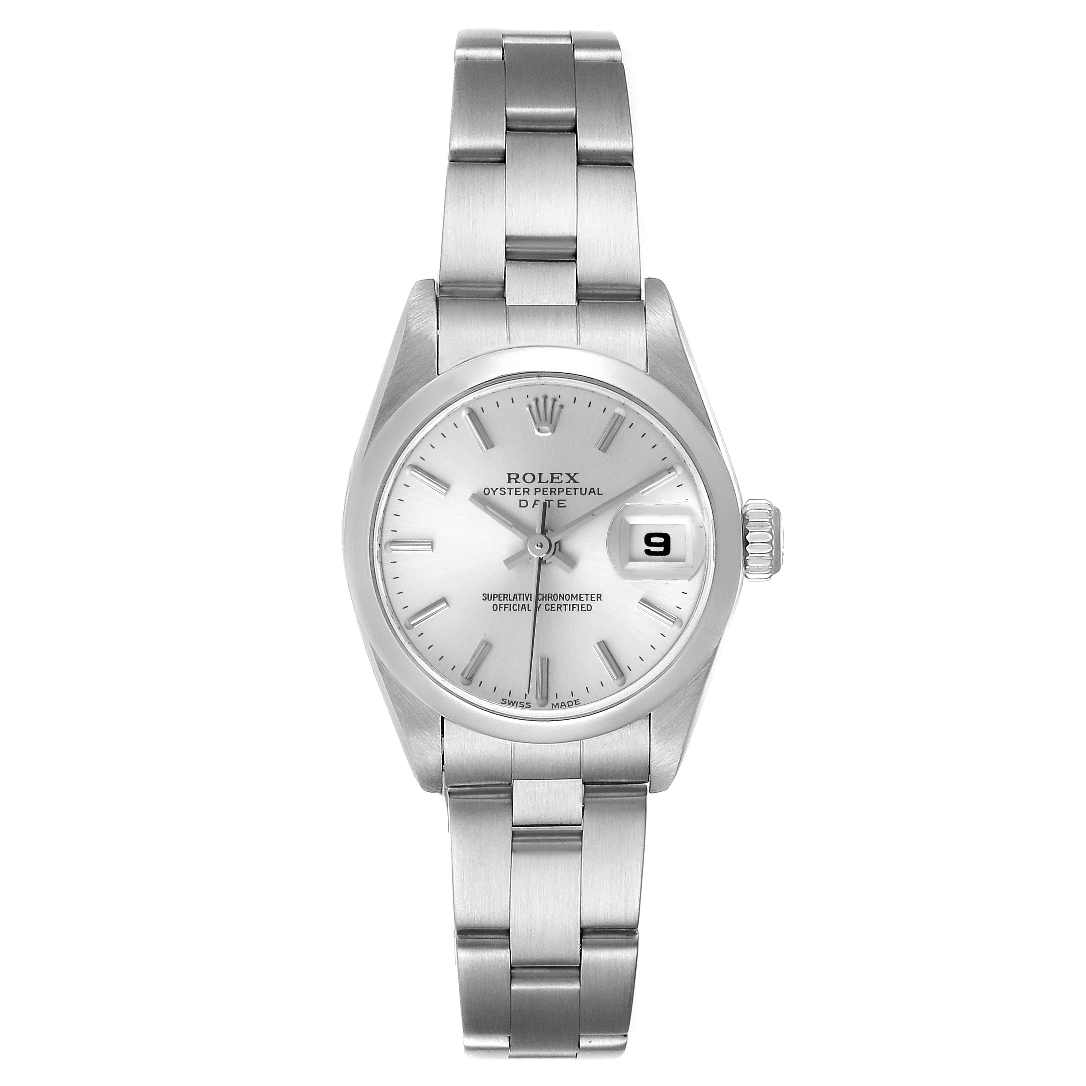 The image shows a front view of a Rolex Date 79160 Women
s Stainless Steel Silver Dial 79160 Women
s Stainless Steel Silver Dial model, displaying the dial, bracelet, and crown.