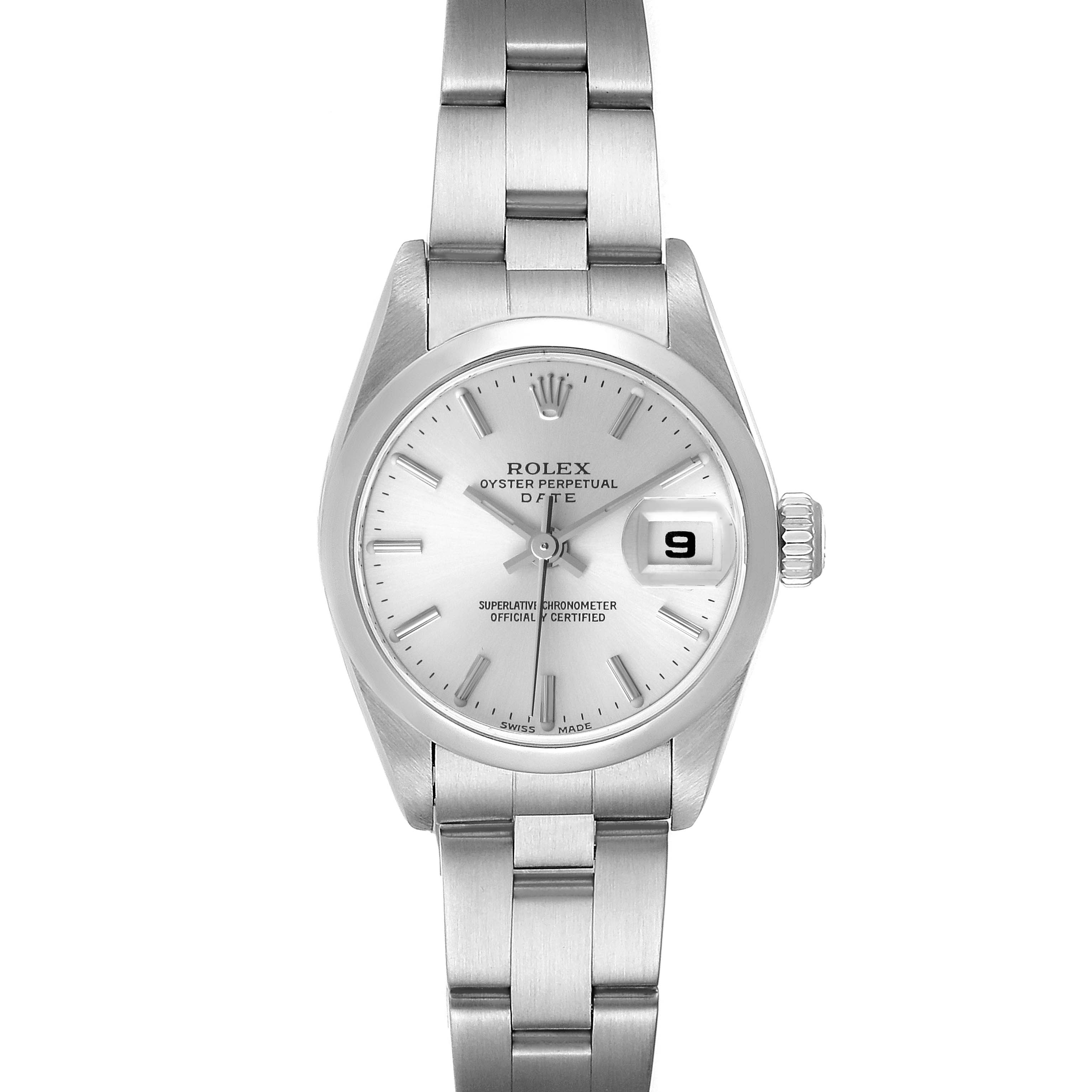 The image shows a front view of the Rolex Date 79160 Women
s Stainless Steel Silver Dial 79160 Women
s Stainless Steel Silver Dial model, featuring its bracelet, bezel, dial, and crown.