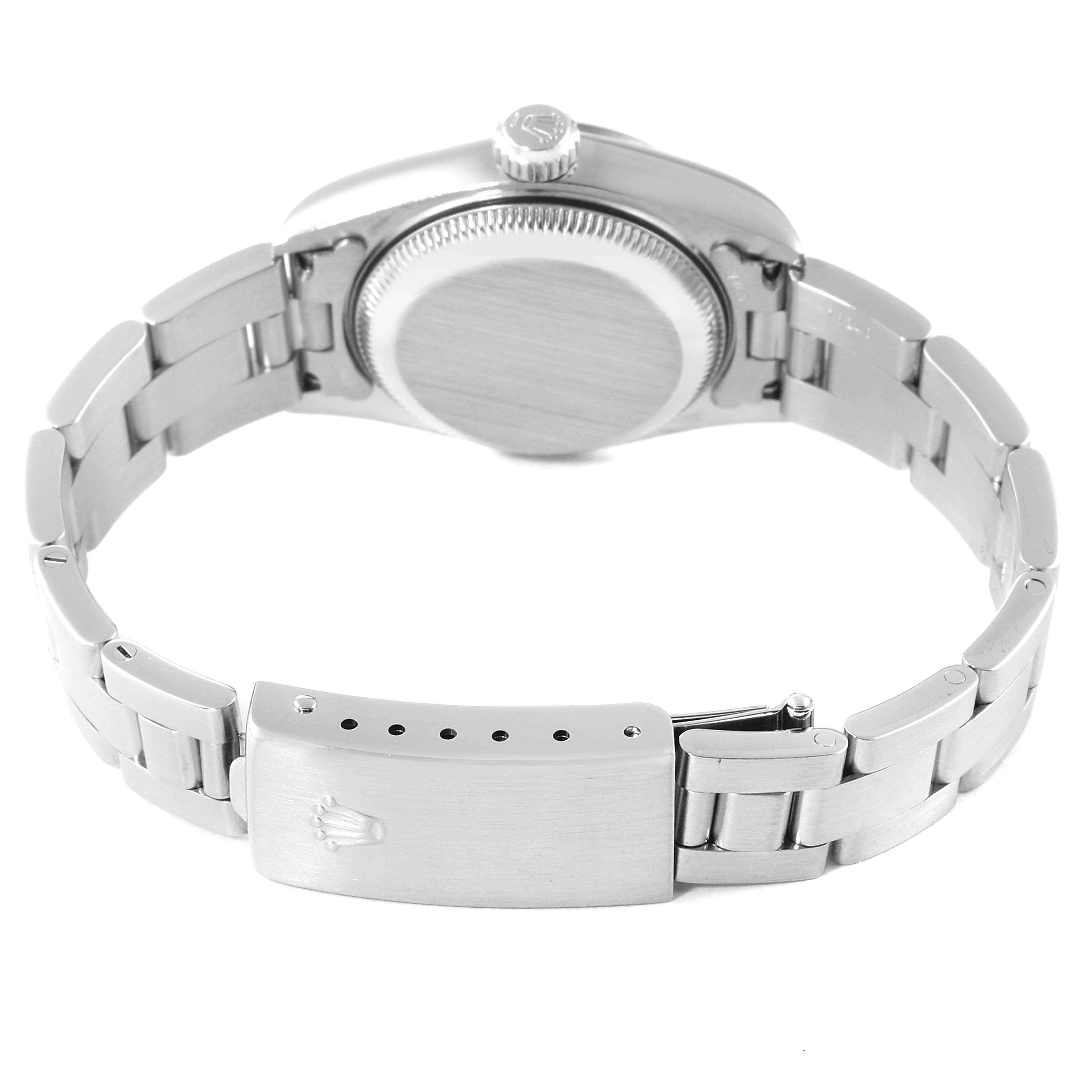 This image shows a Rolex Date 79160 Women
s Stainless Steel Silver Dial 79160 Women
s Stainless Steel Silver Dial model watch from the back, highlighting the case back, crown, and bracelet with a clasp.