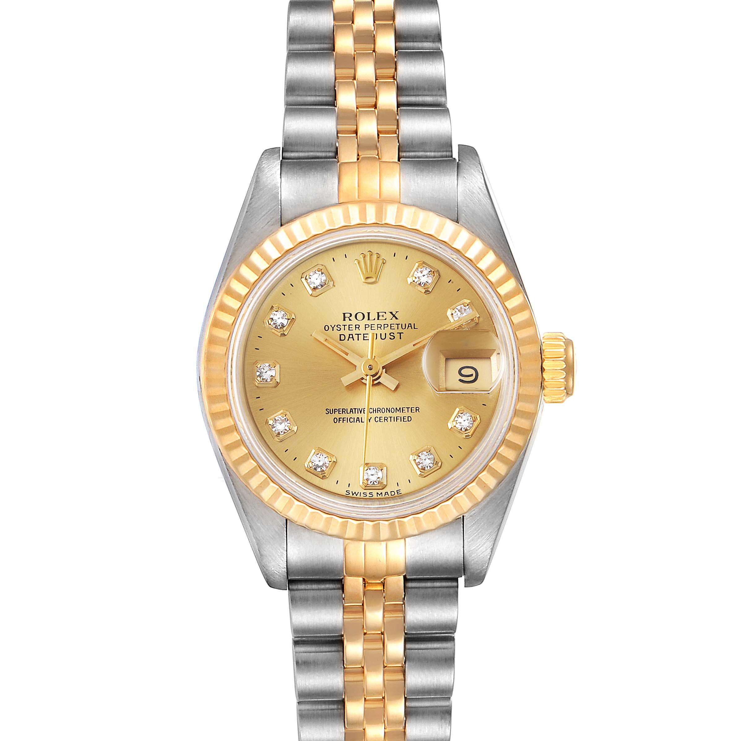 This image shows a Rolex Datejust 69173 Women's Steel and Gold (two tone) Champagne Dial 69173 Women's Steel and Gold (two tone) Champagne Dial watch from a front angle, displaying its face, bezel, and bracelet.