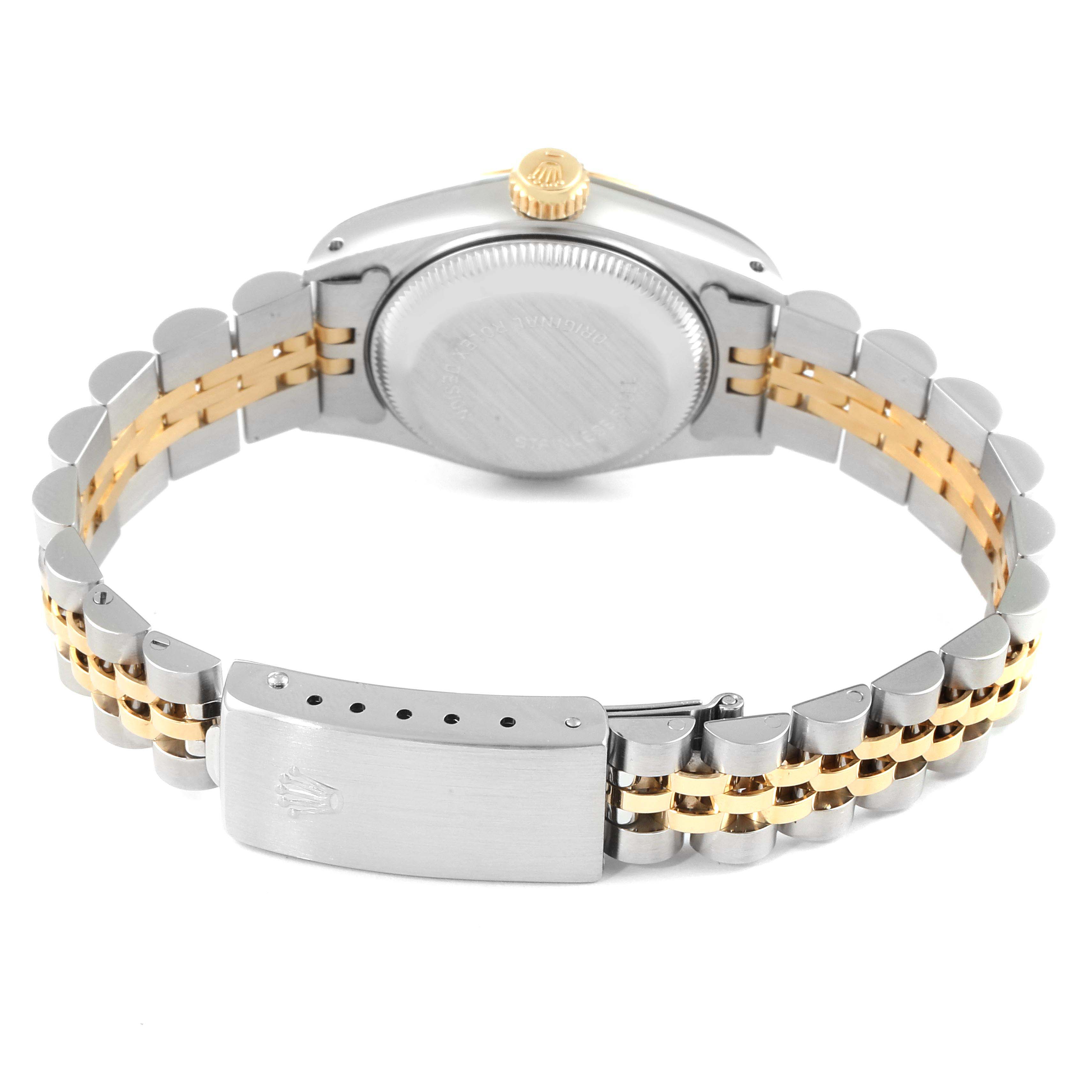 The image shows the backside, clasp, and part of the bracelet of the Rolex Datejust 69173 Women's Steel and Gold (two tone) Champagne Dial 69173 Women's Steel and Gold (two tone) Champagne Dial watch.