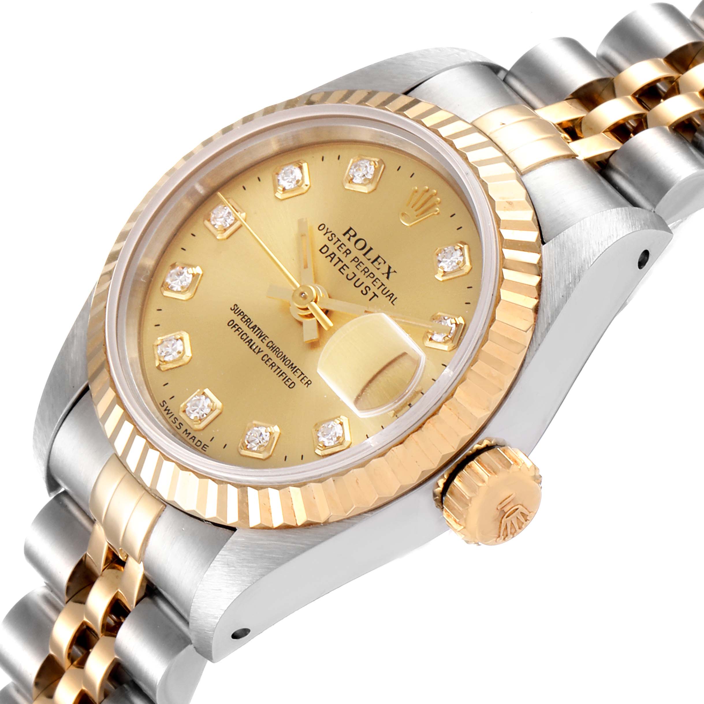 The Rolex Datejust 69173 Women's Steel and Gold (two tone) Champagne Dial 69173 Women's Steel and Gold (two tone) Champagne Dial watch is shown from an angled close-up, highlighting its gold dial, fluted bezel, diamond hour markers, and Jubilee bracelet.