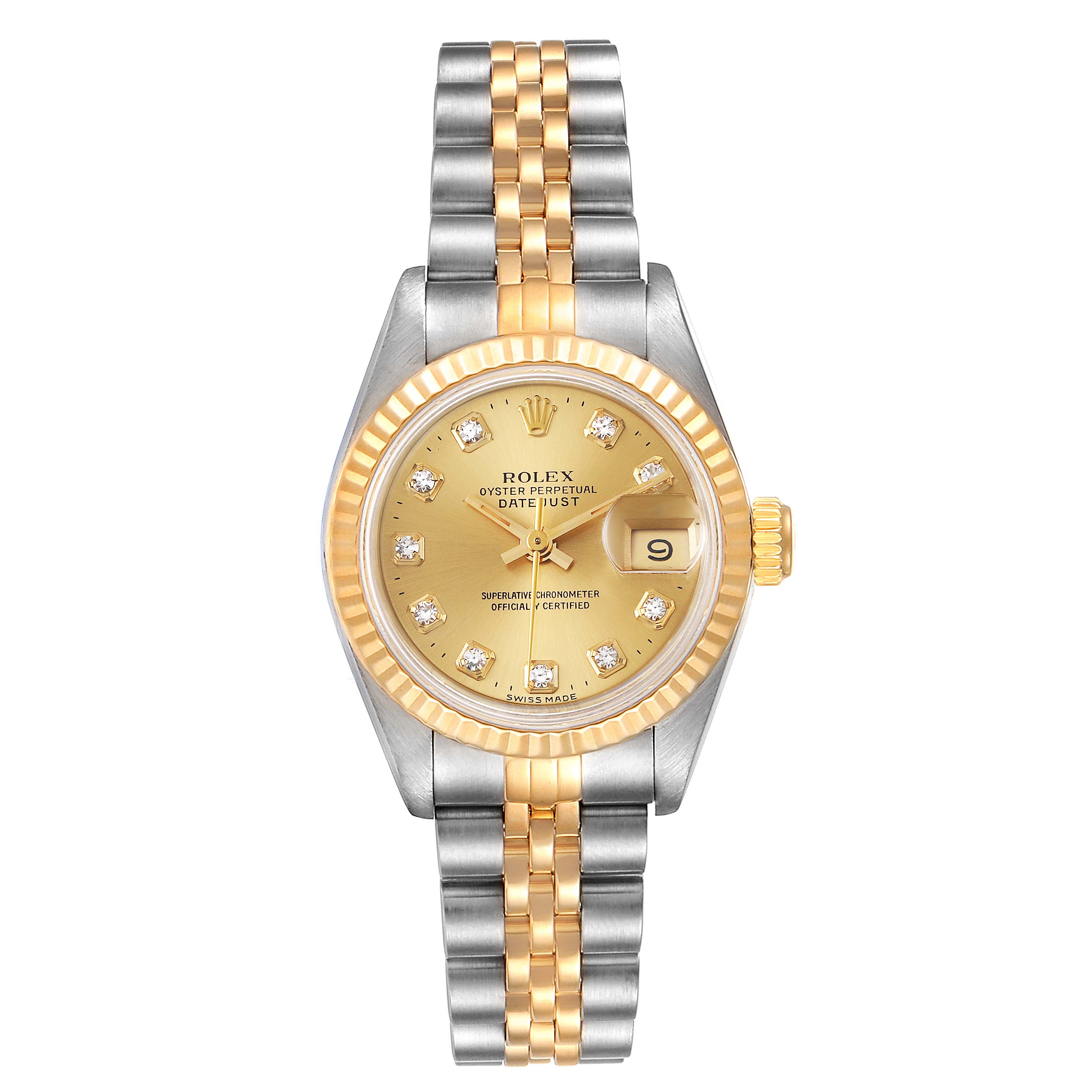 The Rolex Datejust 69173 Women's Steel and Gold (two tone) Champagne Dial 69173 Women's Steel and Gold (two tone) Champagne Dial model is shown from a top-down angle, displaying the face, bezel, and Jubilee bracelet.