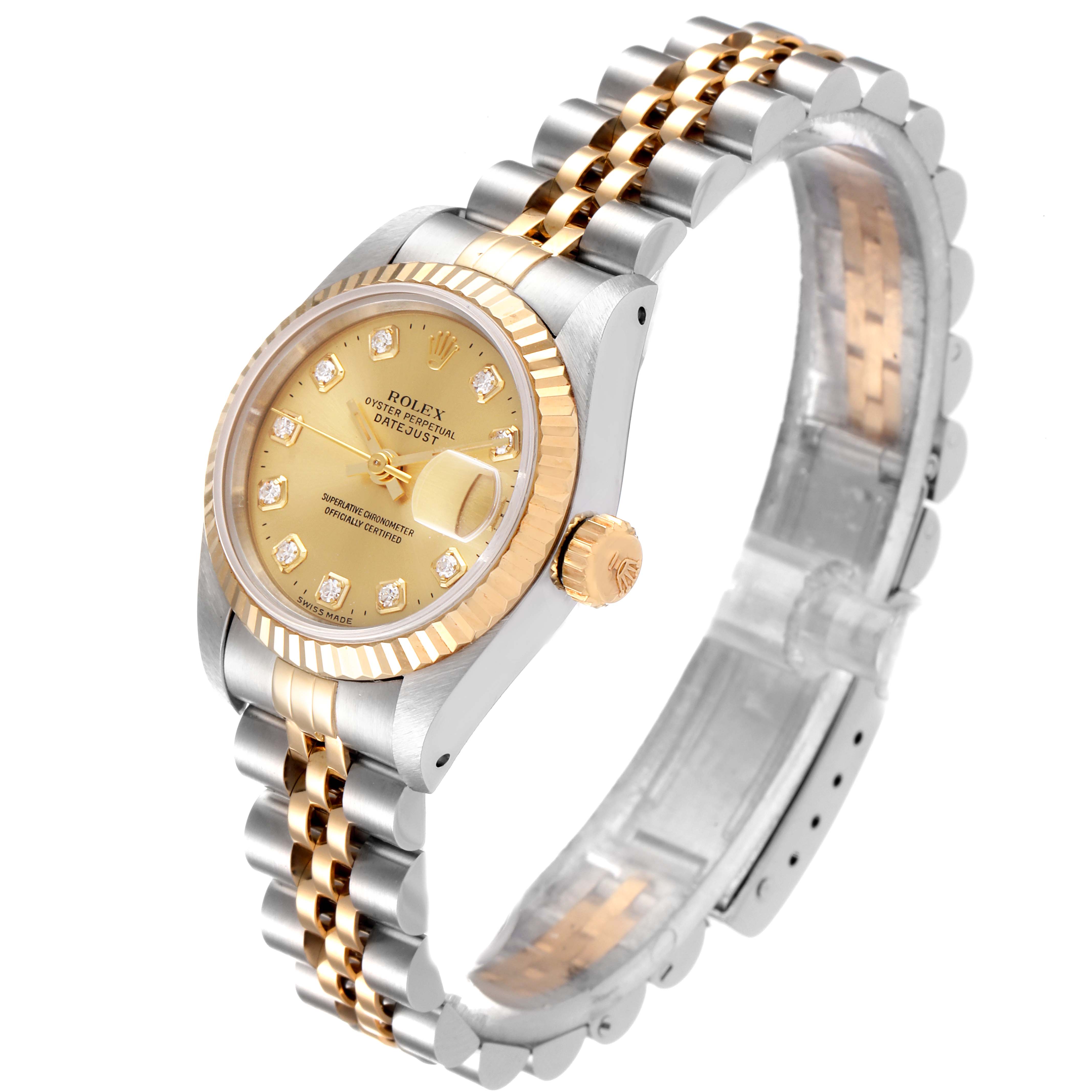 The image shows a Rolex Datejust 69173 Women's Steel and Gold (two tone) Champagne Dial 69173 Women's Steel and Gold (two tone) Champagne Dial watch from an angled side view, highlighting the dial, crown, and two-tone bracelet.