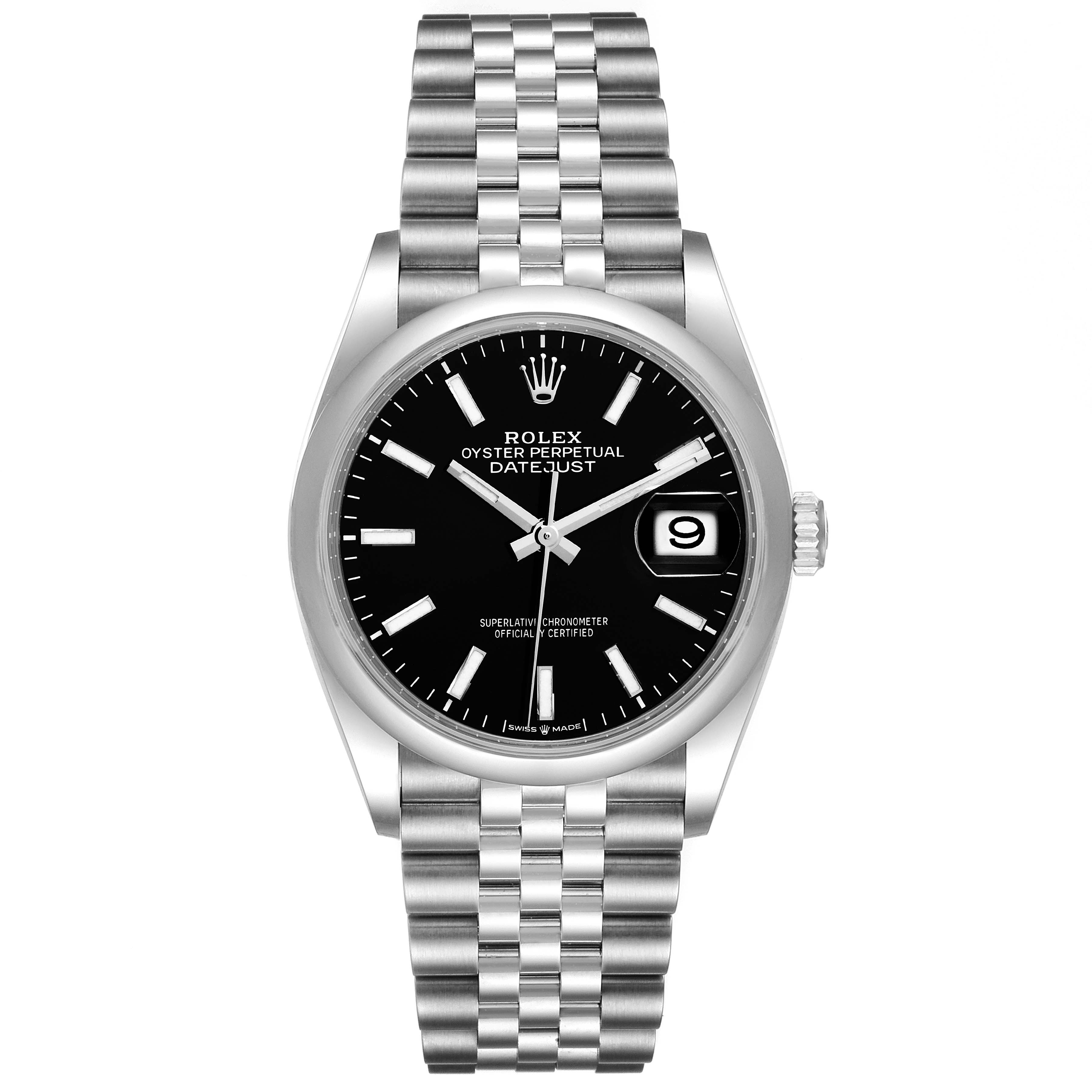 The image shows a front view of a Rolex Datejust 126200 Men
s Stainless Steel Black Dial 126200 Men
s Stainless Steel Black Dial watch featuring the dial, bezel, and bracelet.