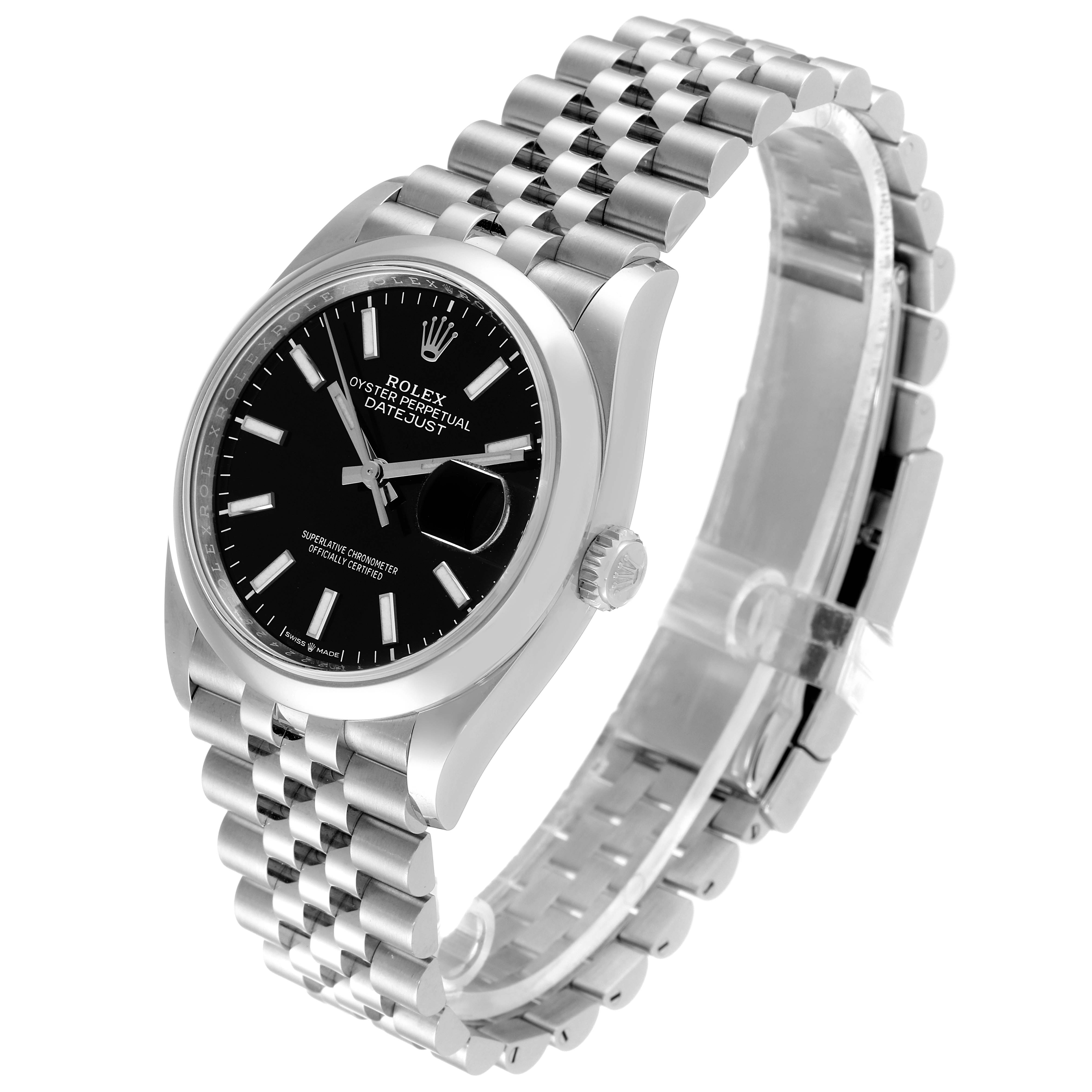 This image shows a side angle of the Rolex Datejust 126200 Men
s Stainless Steel Black Dial 126200 Men
s Stainless Steel Black Dial watch, highlighting the black dial, jubilee bracelet, and date window with a magnifier.