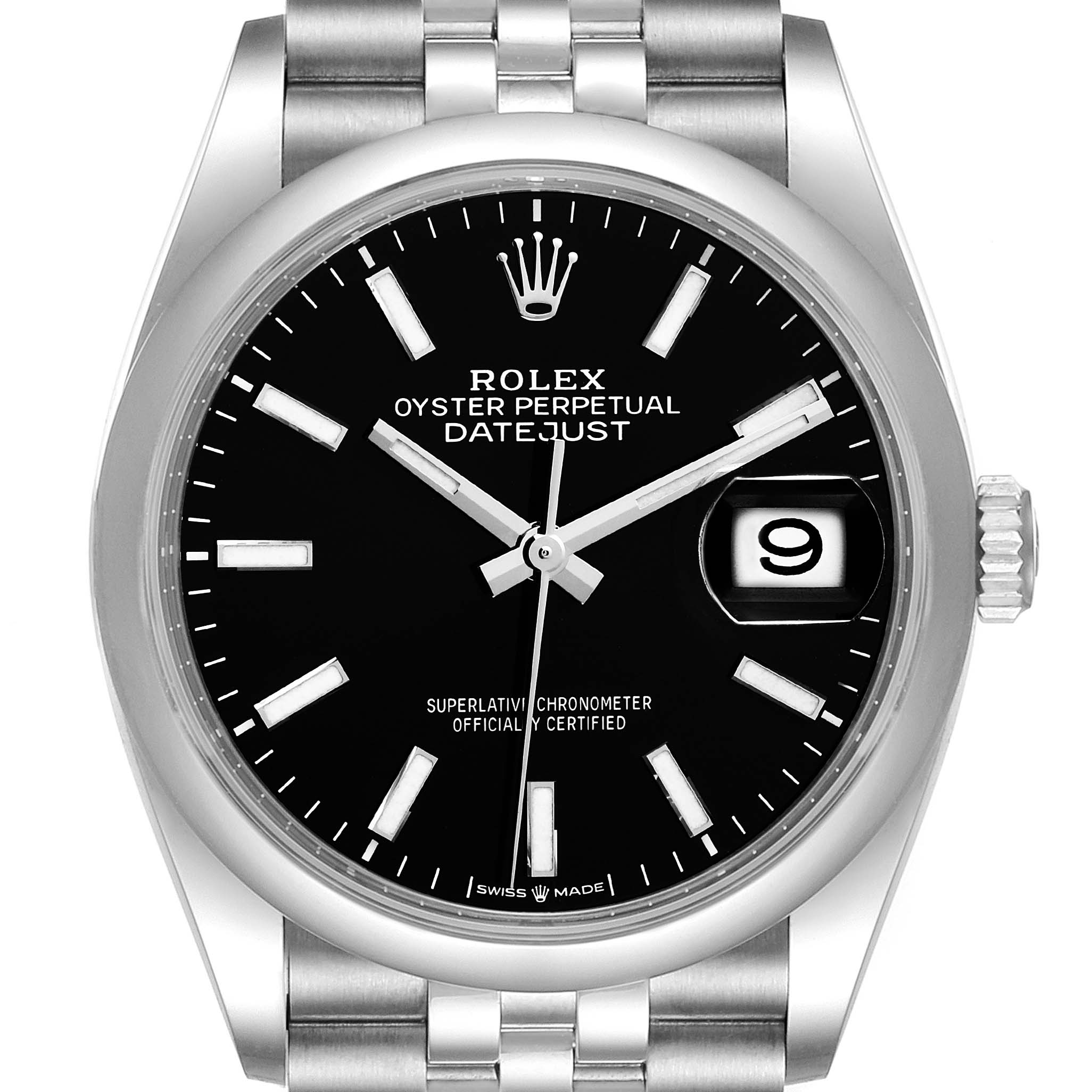This image shows a front view of the Rolex Datejust 126200 Men
s Stainless Steel Black Dial 126200 Men
s Stainless Steel Black Dial watch, highlighting its black dial, date window, and stainless steel bracelet.