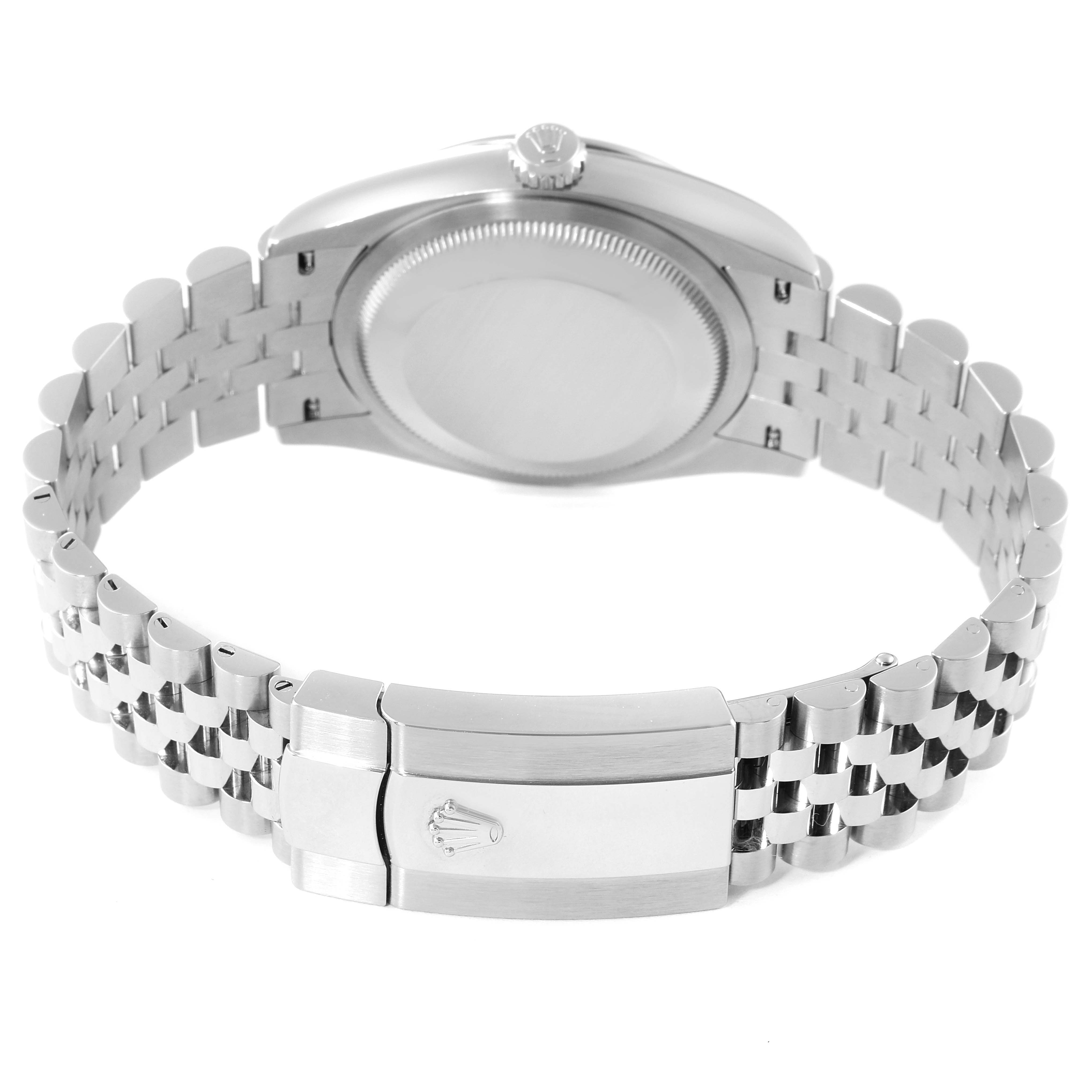 This image shows the back view of the Rolex Datejust 126200 Men
s Stainless Steel Black Dial 126200 Men
s Stainless Steel Black Dial model, displaying its case back and bracelet clasp.