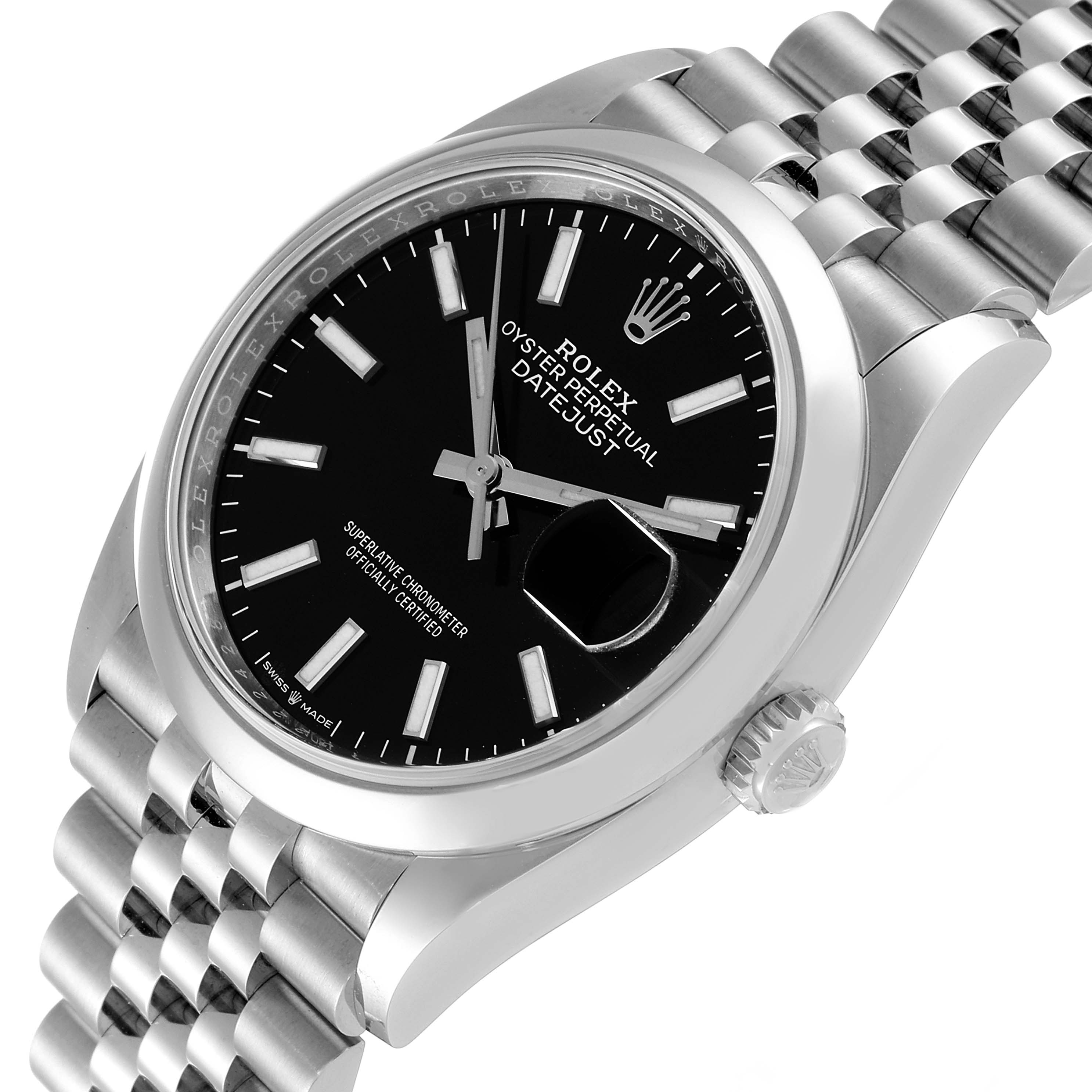 The image shows a Rolex Datejust 126200 Men
s Stainless Steel Black Dial 126200 Men
s Stainless Steel Black Dial watch at an angled, close-up view focusing on its black dial, jubilee bracelet, and crown.