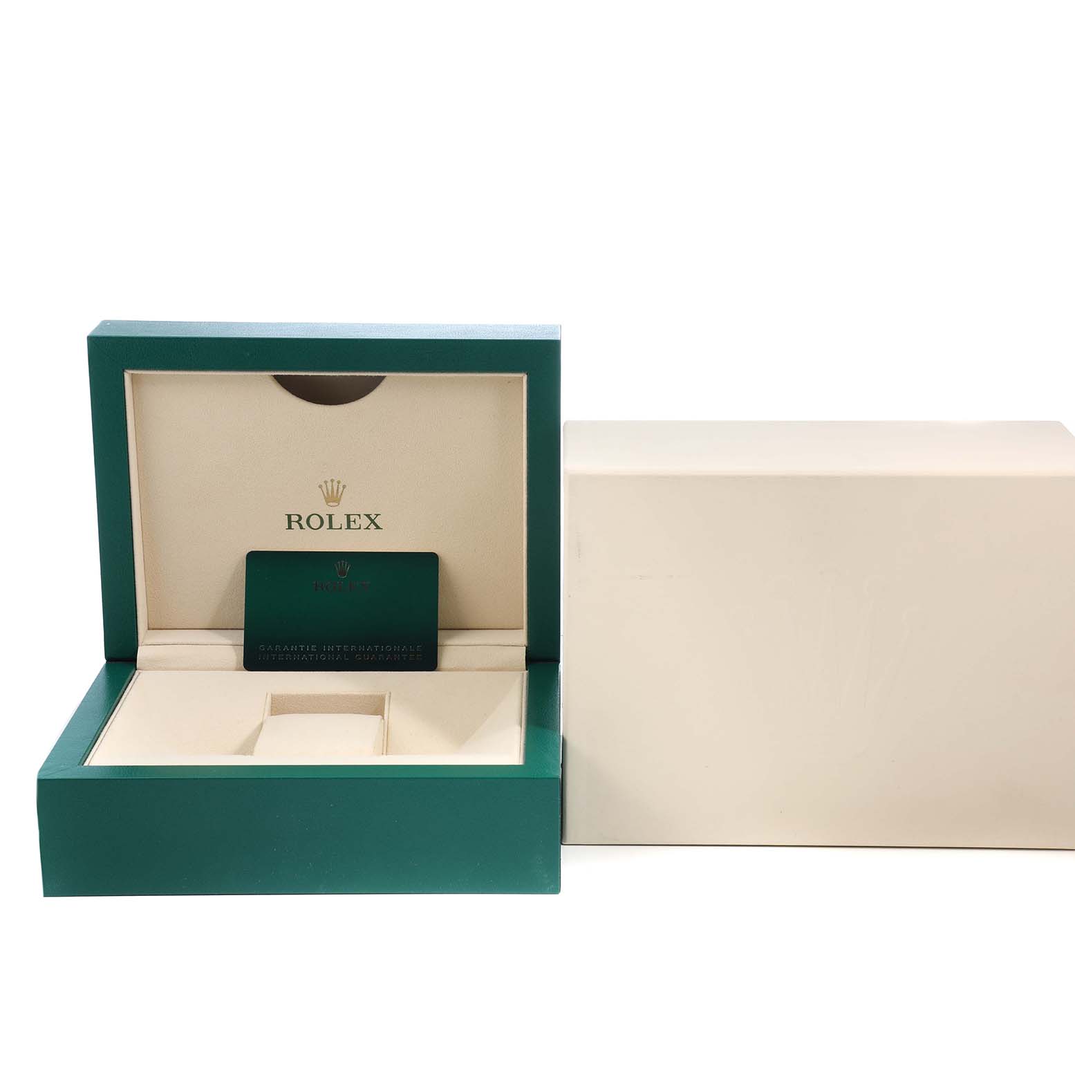 The image shows the open box and warranty card for a Rolex Datejust 126284 Men's Stainless Steel Blue Dial watch.