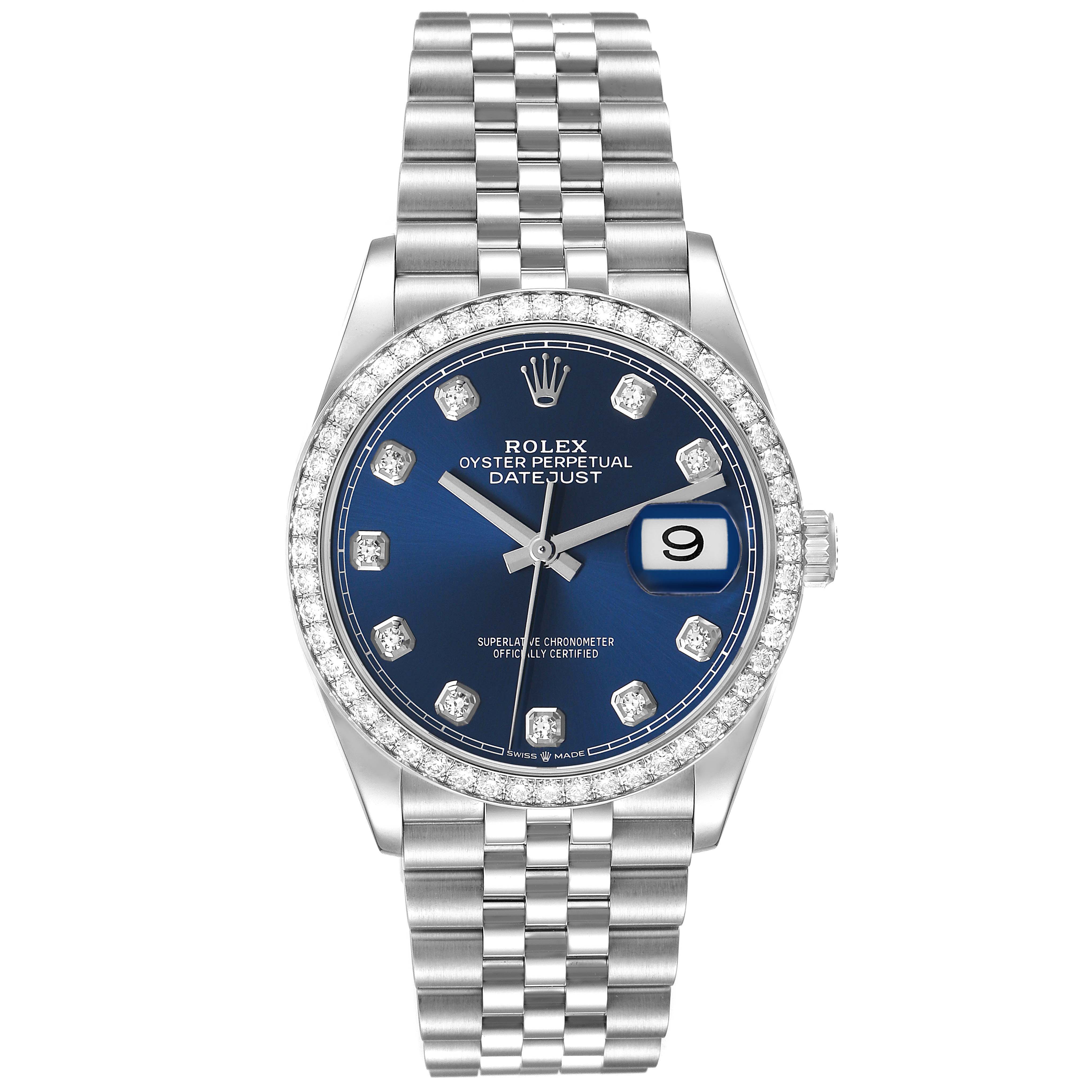 The Rolex Datejust 126284 Men's Stainless Steel Blue Dial watch is shown from a front angle, highlighting the dial, bezel, and bracelet.
