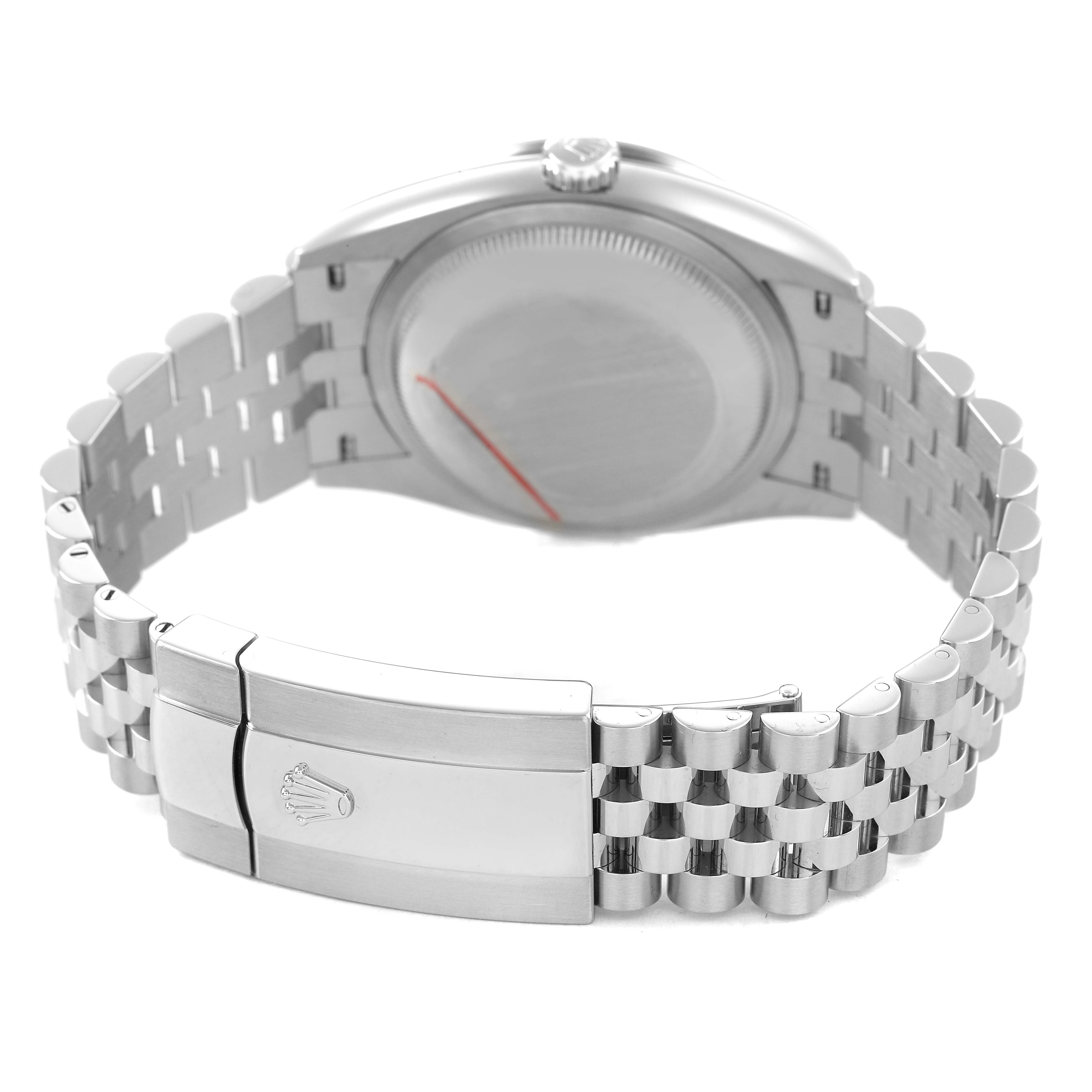 The image shows the back of the Rolex Datejust 126284 Men's Stainless Steel Blue Dial, highlighting the case back, jubilee bracelet, and clasp.