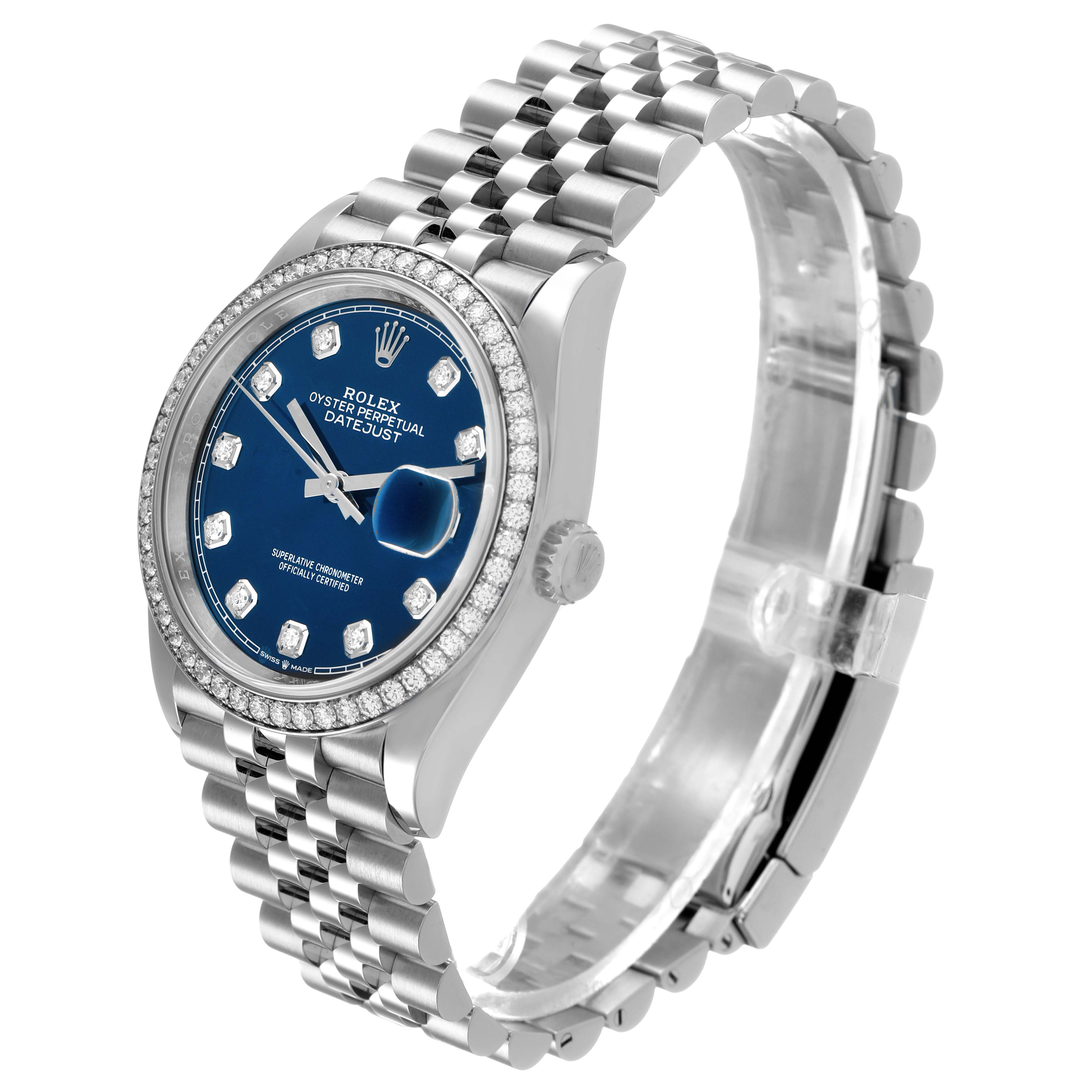 The Rolex Datejust 126284 Men's Stainless Steel Blue Dial watch is shown at a three-quarter angle, highlighting the face, bezel, crown, and bracelet.