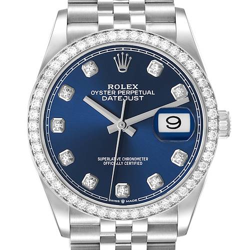 Photo of Rolex Datejust 36 Blue Dial Diamond Steel White Gold Mens Watch 126284 Box Card