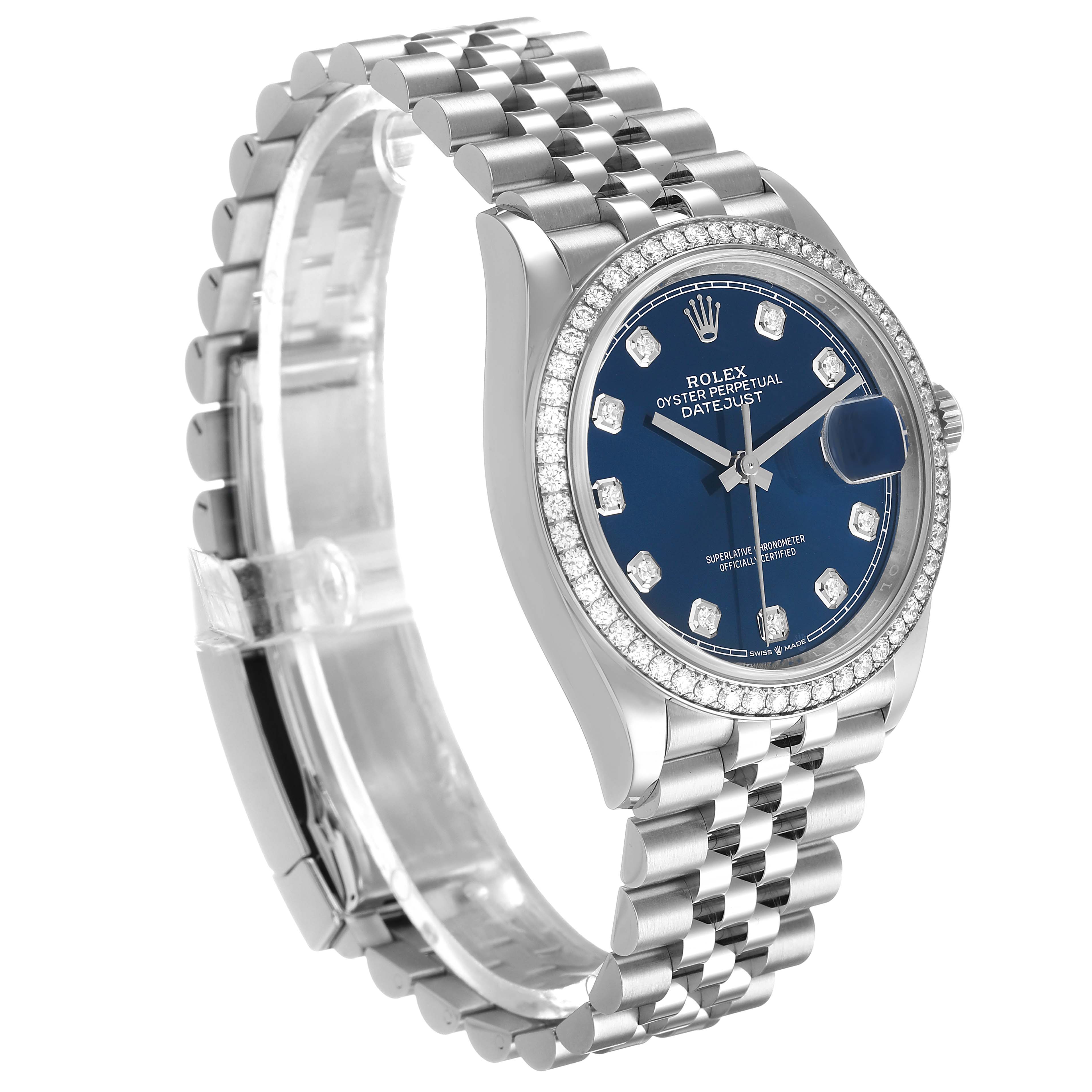 The Rolex Datejust 126284 Men's Stainless Steel Blue Dial is shown at a three-quarter angle, highlighting its blue dial, diamond bezel, and Jubilee bracelet.