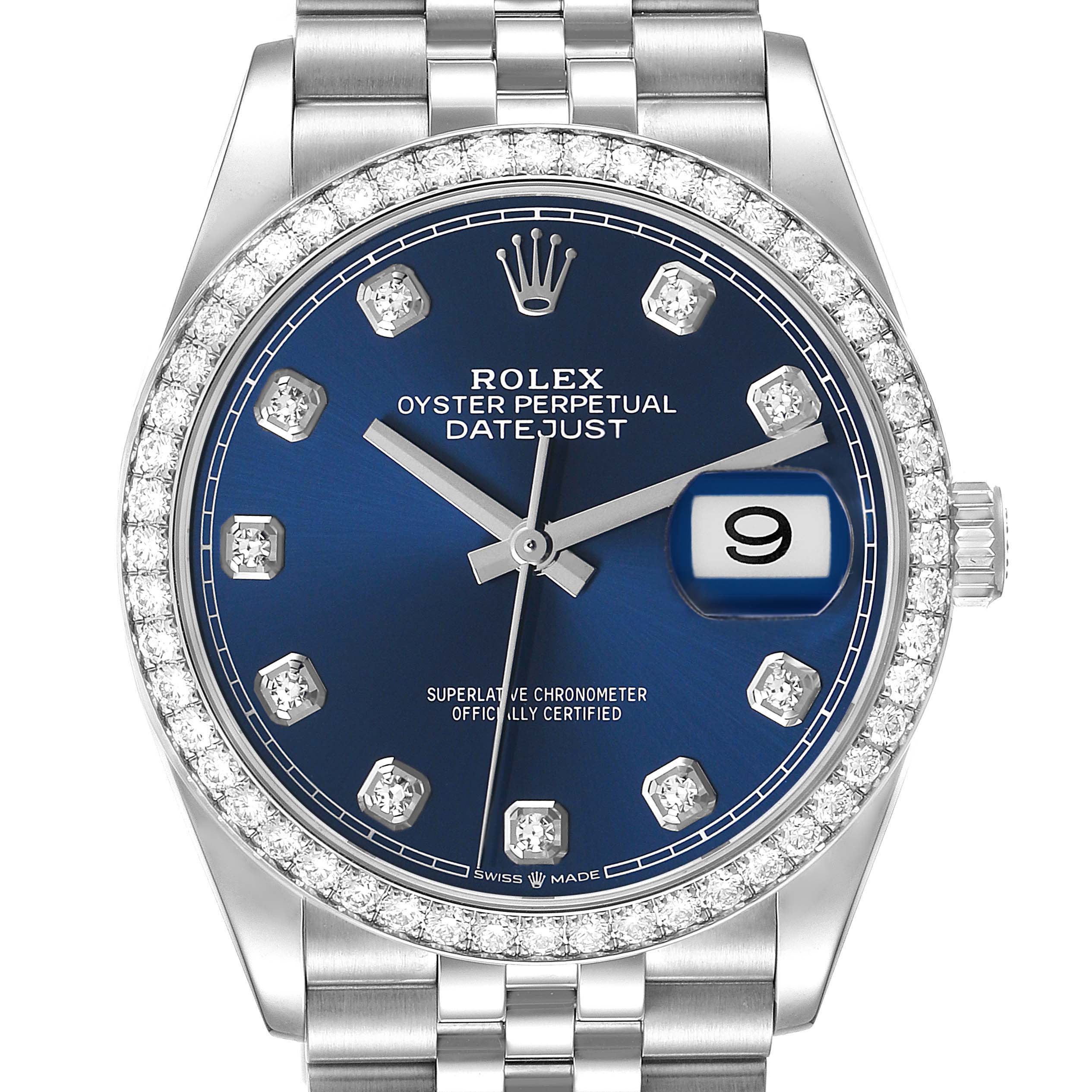 The image shows a front view of the Rolex Datejust 126284 Men's Stainless Steel Blue Dial, highlighting the dial, bezel, bracelet, and date magnification.