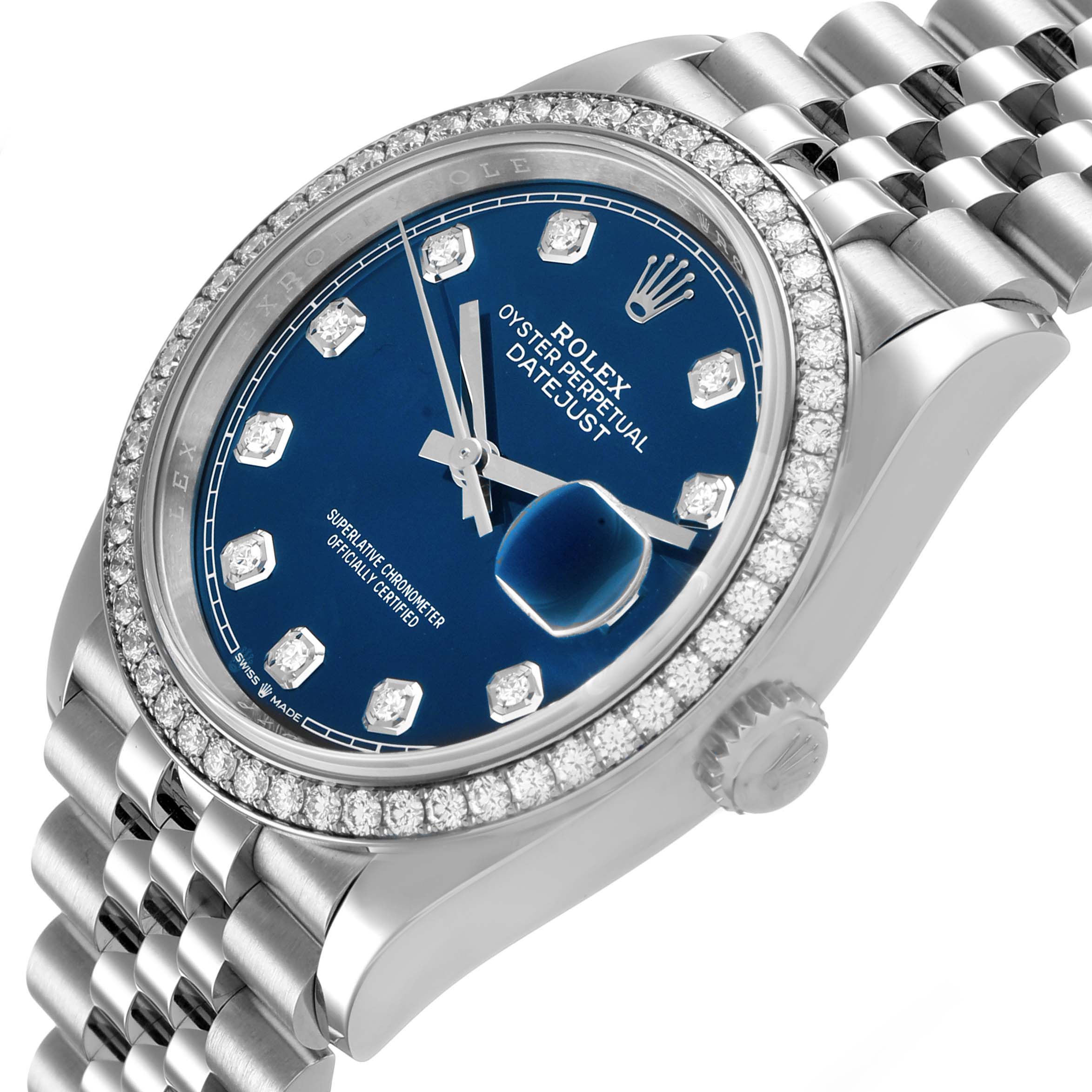 The Rolex Datejust 126284 Men's Stainless Steel Blue Dial watch is shown from a top-side angle, highlighting the bezel, blue dial, crown, and bracelet.