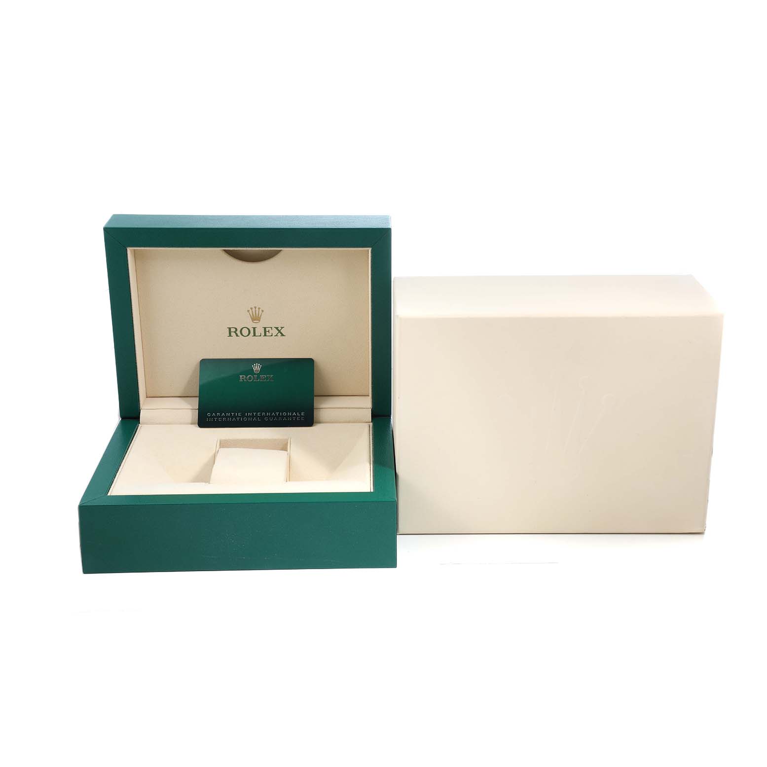 The image shows a Rolex Datejust 126284 Men's Stainless Steel Purple Dial box set at a frontal angle, with the inner green box open, revealing the brand card inside.